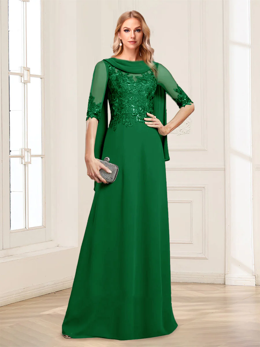 A-Line/Princess Scoop Half Sleeves Floor-Length Mother of the Bride Dresses with Lace&Ruched - Image 34