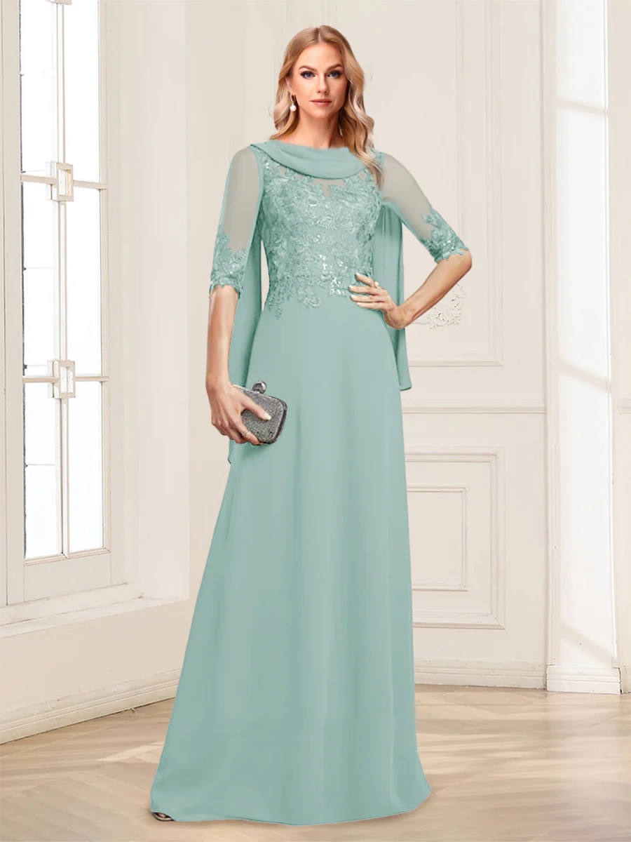 A-Line/Princess Scoop Half Sleeves Floor-Length Mother of the Bride Dresses with Lace&Ruched - Image 39