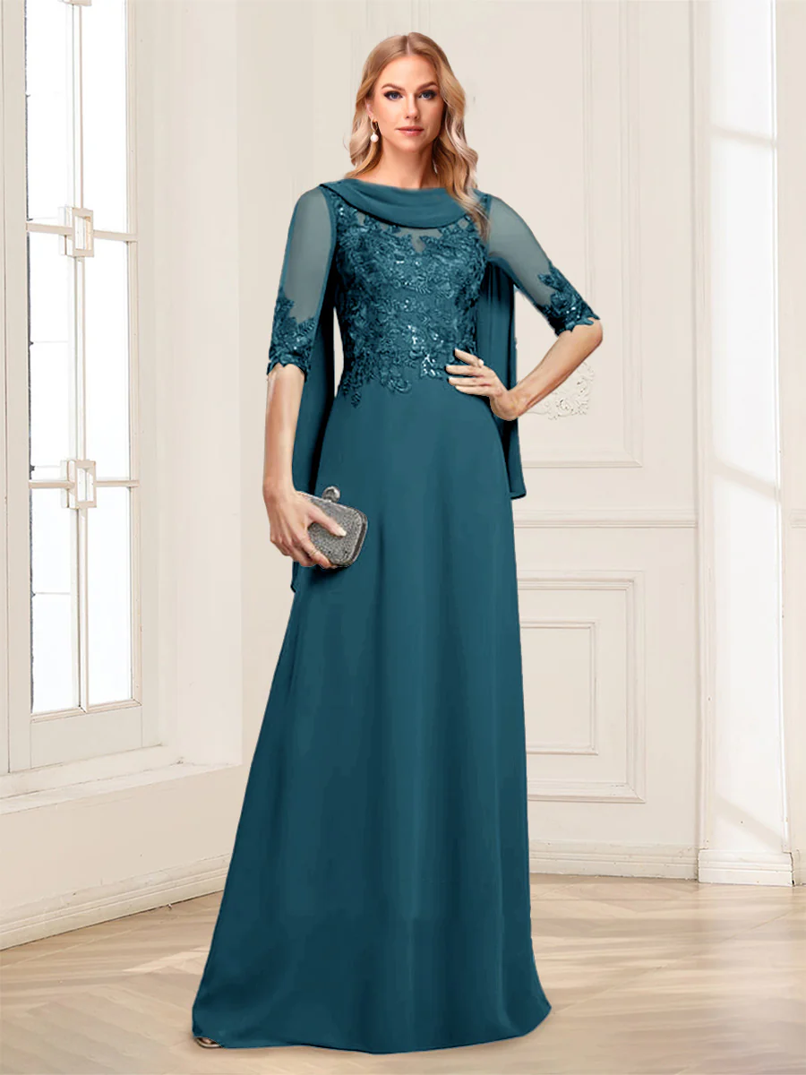 A-Line/Princess Scoop Half Sleeves Floor-Length Mother of the Bride Dresses with Lace&Ruched - Image 49