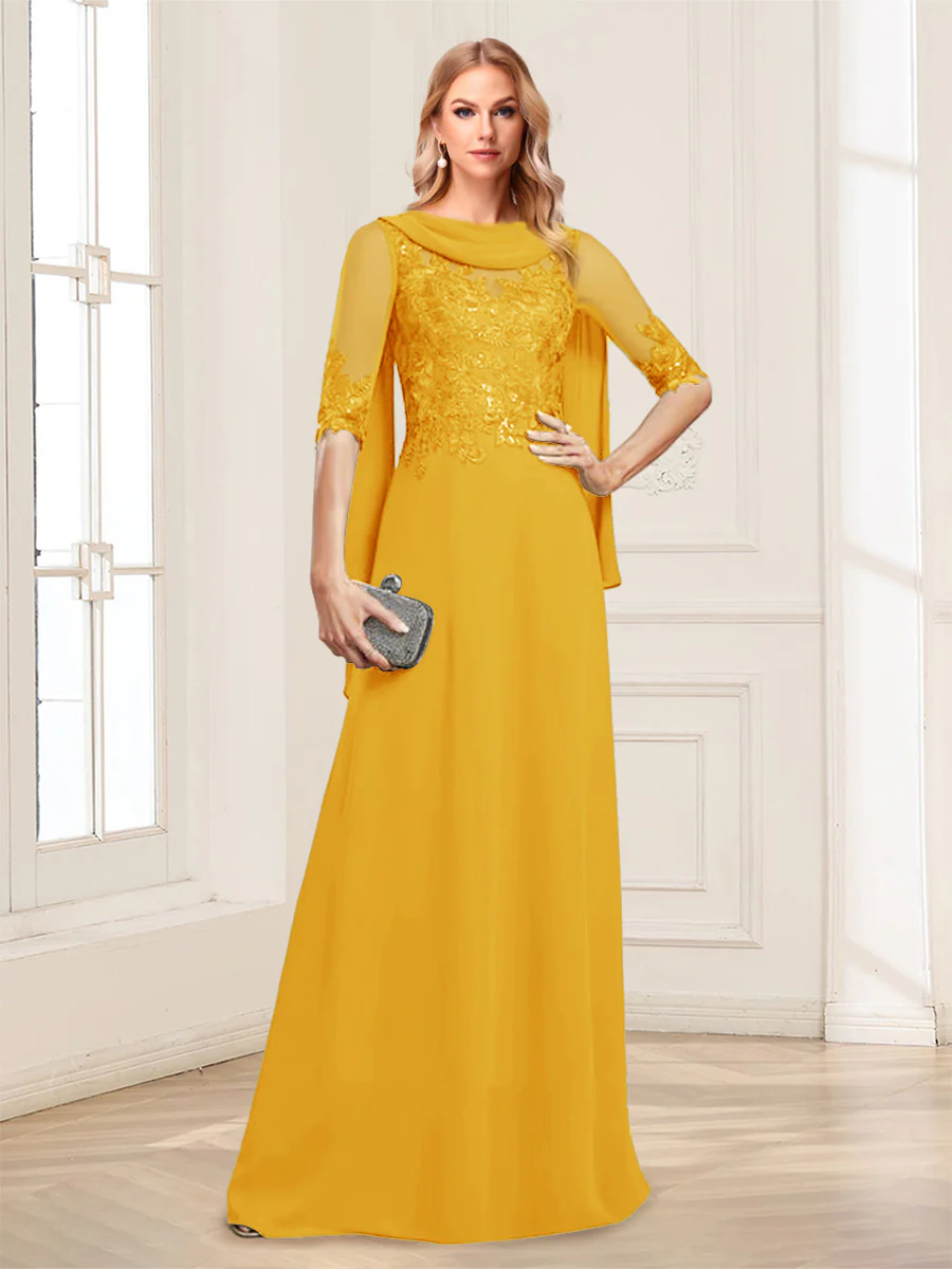 A-Line/Princess Scoop Half Sleeves Floor-Length Mother of the Bride Dresses with Lace&Ruched - Image 55