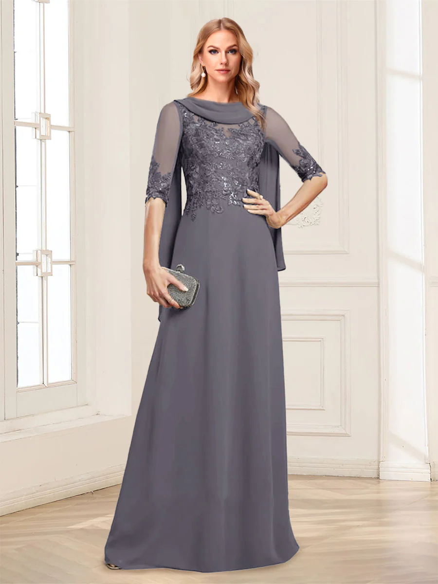 A-Line/Princess Scoop Half Sleeves Floor-Length Mother of the Bride Dresses with Lace&Ruched - Image 70