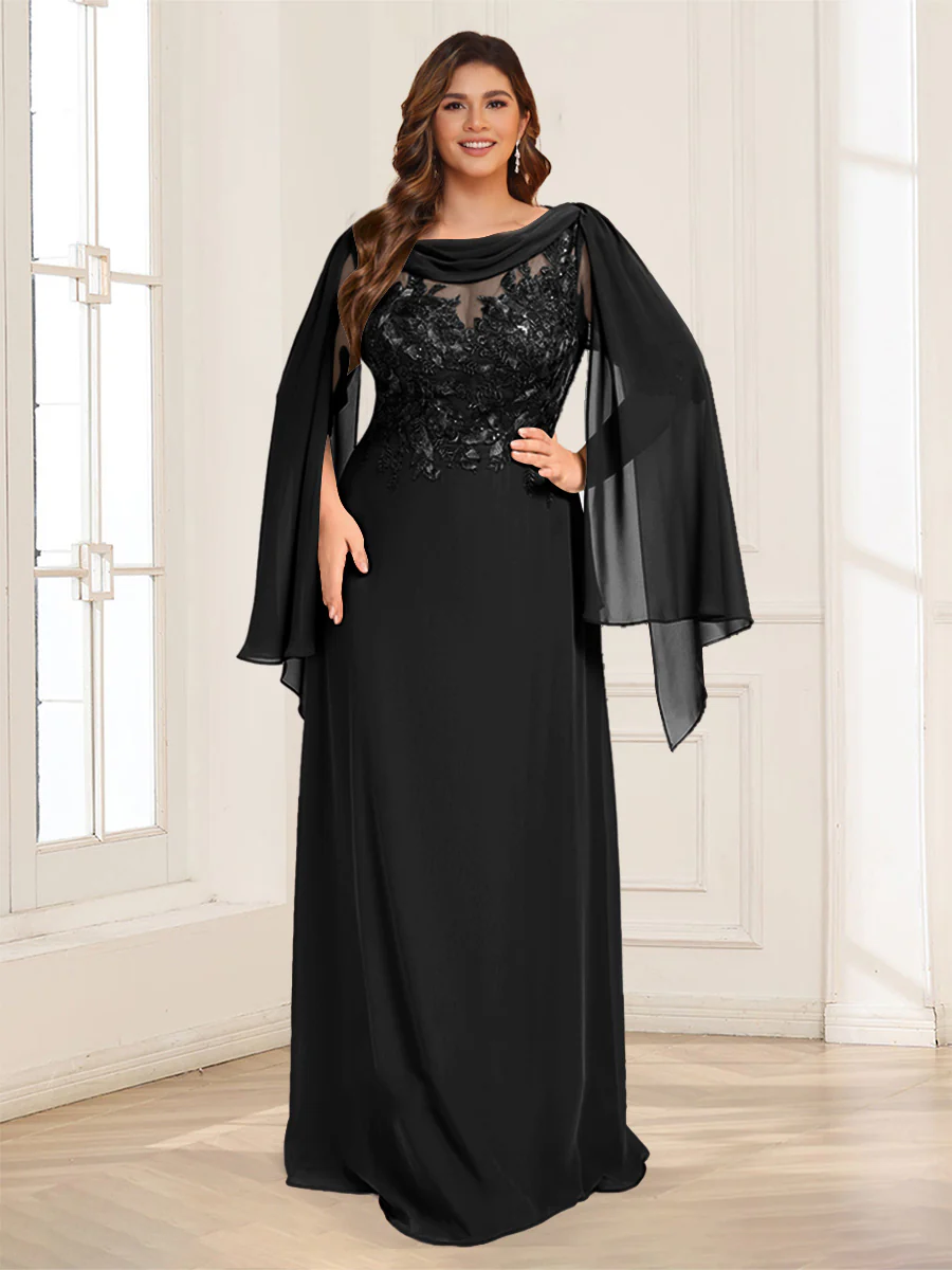 A-Line/Princess Scoop Half Sleeves Floor-Length Plus Size Mother of the Bride Dresses with Lace & Ruched - Image 4