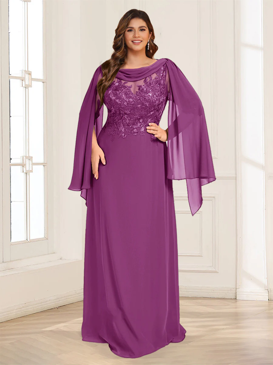 A-Line/Princess Scoop Half Sleeves Floor-Length Plus Size Mother of the Bride Dresses with Lace & Ruched - Image 63