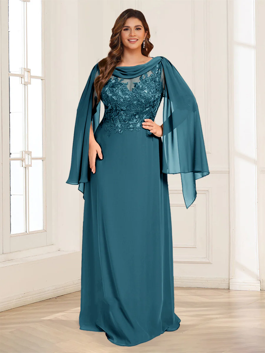 A-Line/Princess Scoop Half Sleeves Floor-Length Plus Size Mother of the Bride Dresses with Lace & Ruched - Image 71