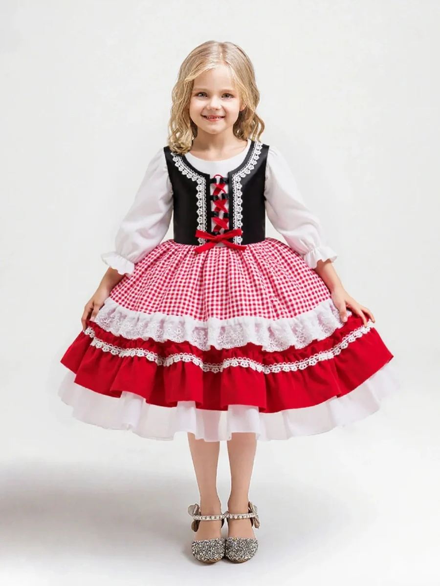 A-Line/Princess Scoop Half Sleeves Plaid Christmas Dresses for Girls WIth Pleats & Bowknot - Image 3