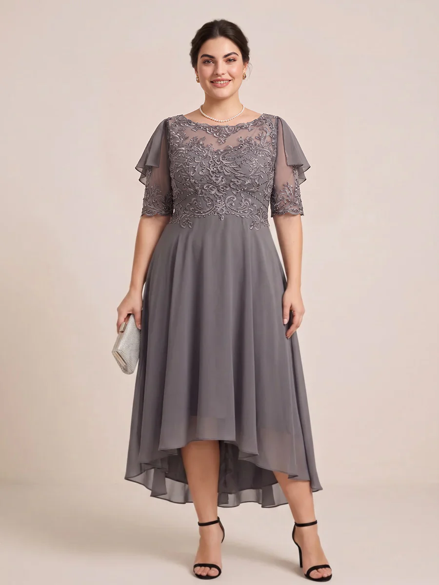 A-Line/Princess Scoop Half Sleeves Plus Size Mother of the Bride Dresses with Applique