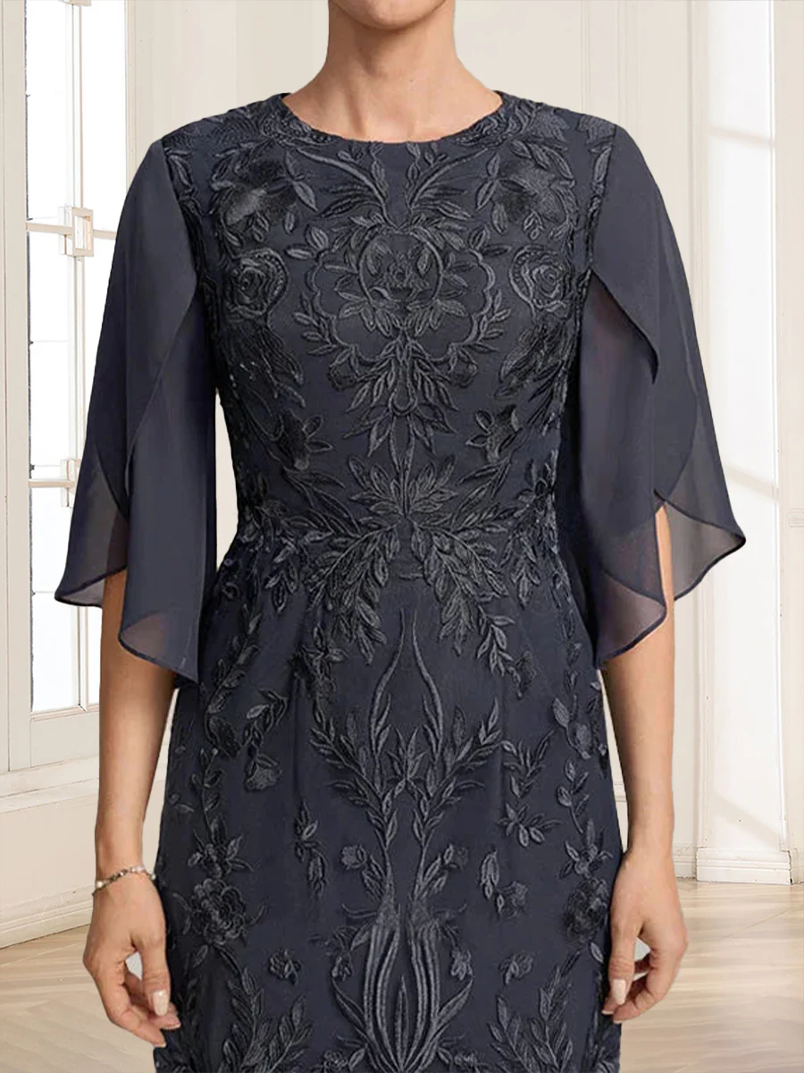 Sheath/Column Scoop Half Sleeves Tea-Length Mother of the Bride Dresses with Lace & Applique - Image 3