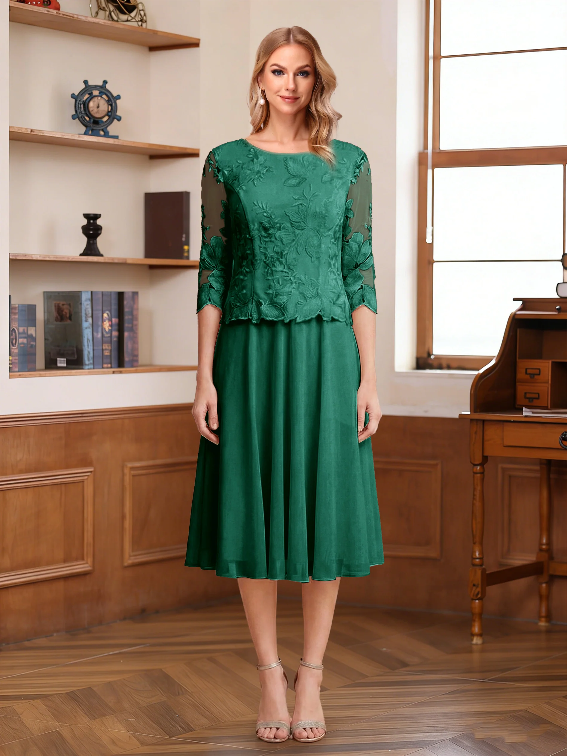 A-Line/Princess Scoop Half Sleeves Tea-Length Mother of the Bride Dresses with Lace&Embroidery - Image 10