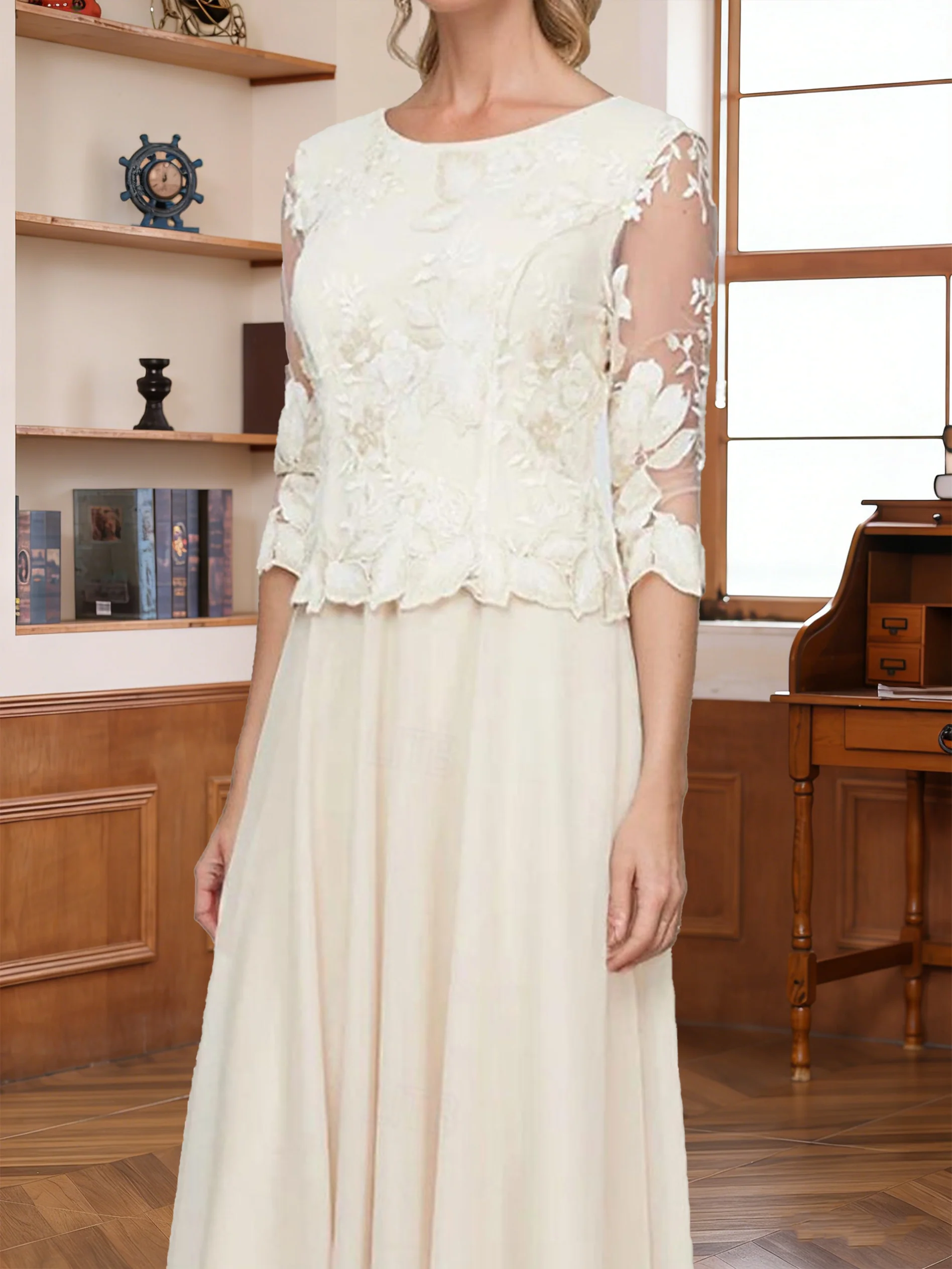 A-Line/Princess Scoop Half Sleeves Tea-Length Mother of the Bride Dresses with Lace&Embroidery - Image 3