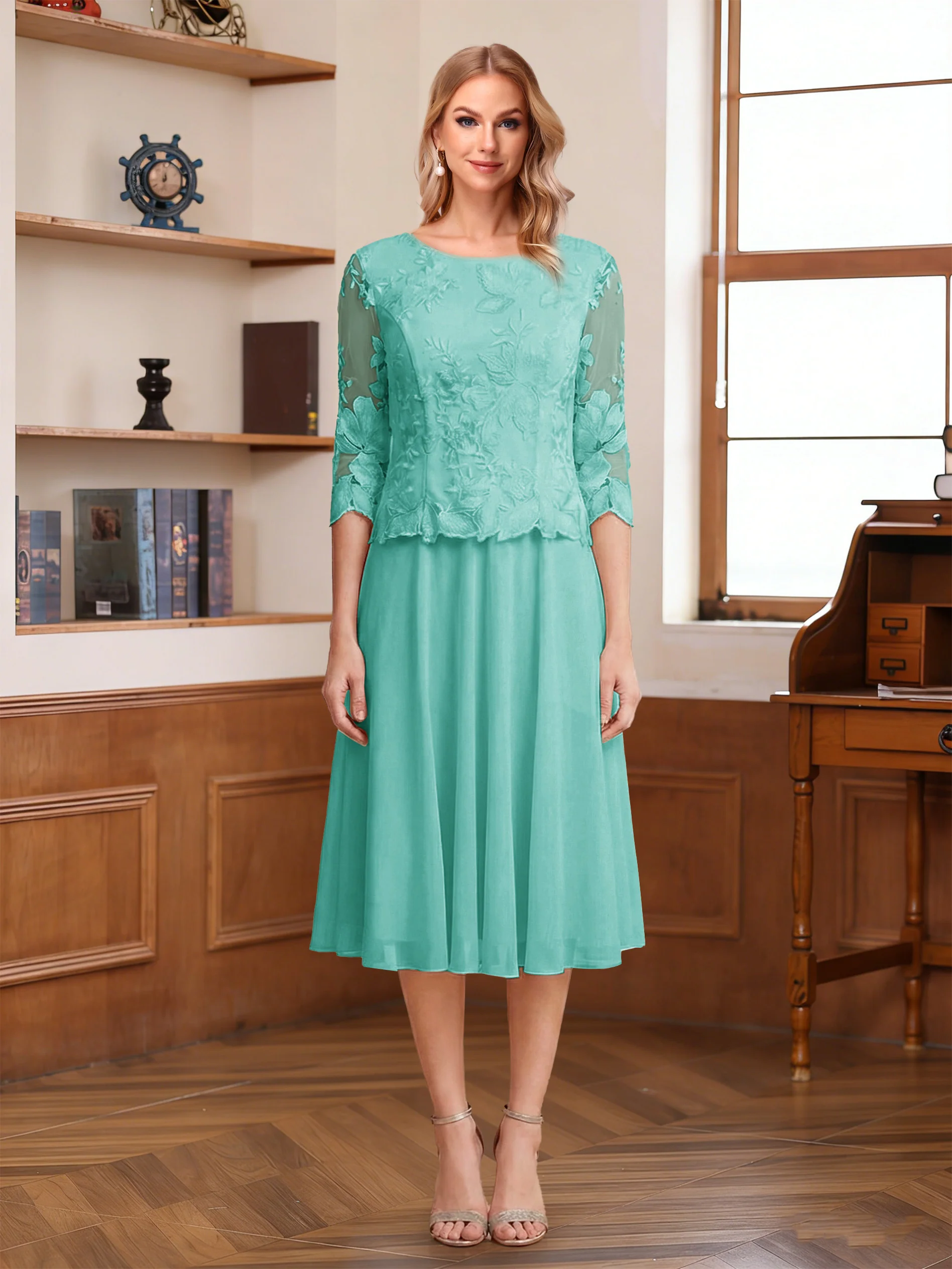 A-Line/Princess Scoop Half Sleeves Tea-Length Mother of the Bride Dresses with Lace&Embroidery - Image 34
