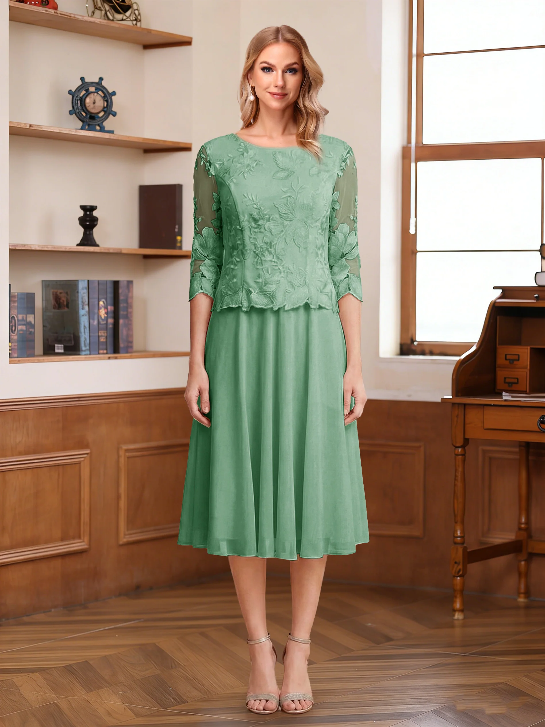 A-Line/Princess Scoop Half Sleeves Tea-Length Mother of the Bride Dresses with Lace&Embroidery - Image 42