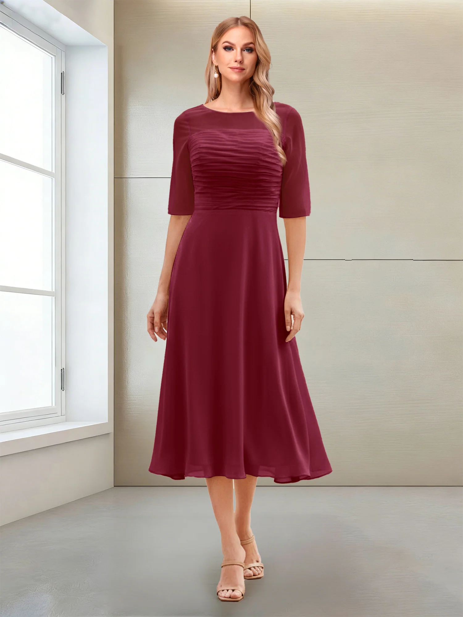 A-Line/Princess Scoop Half Sleeves Tea-Length Mother of the Bride Dresses with Ruched - Image 10