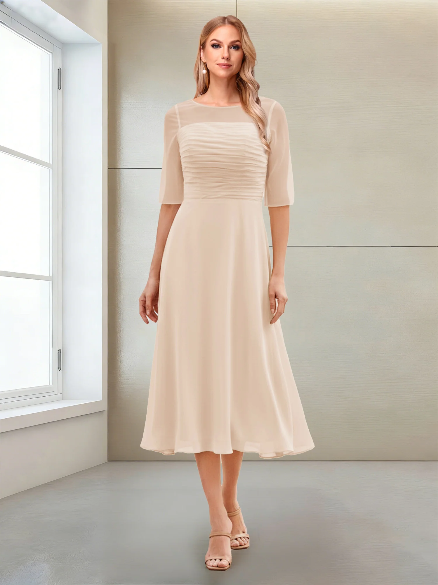 A-Line/Princess Scoop Half Sleeves Tea-Length Mother of the Bride Dresses with Ruched - Image 11