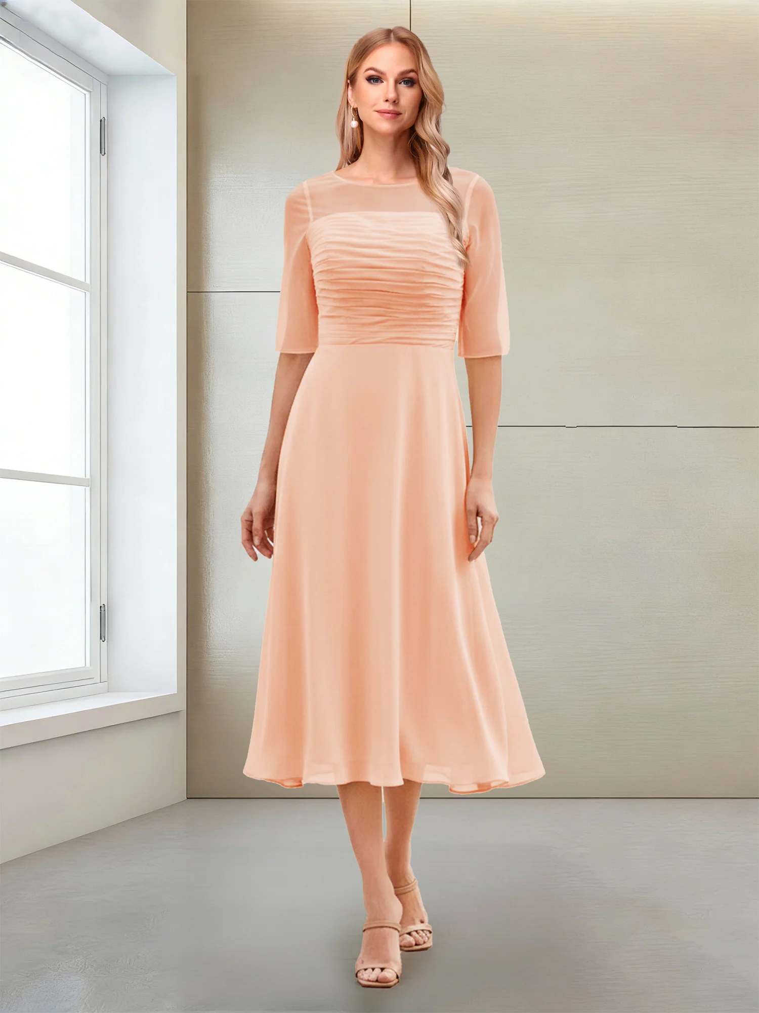 A-Line/Princess Scoop Half Sleeves Tea-Length Mother of the Bride Dresses with Ruched - Image 14