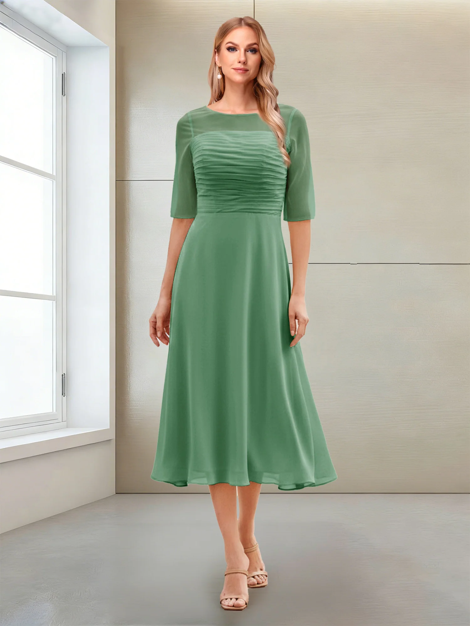 A-Line/Princess Scoop Half Sleeves Tea-Length Mother of the Bride Dresses with Ruched - Image 29