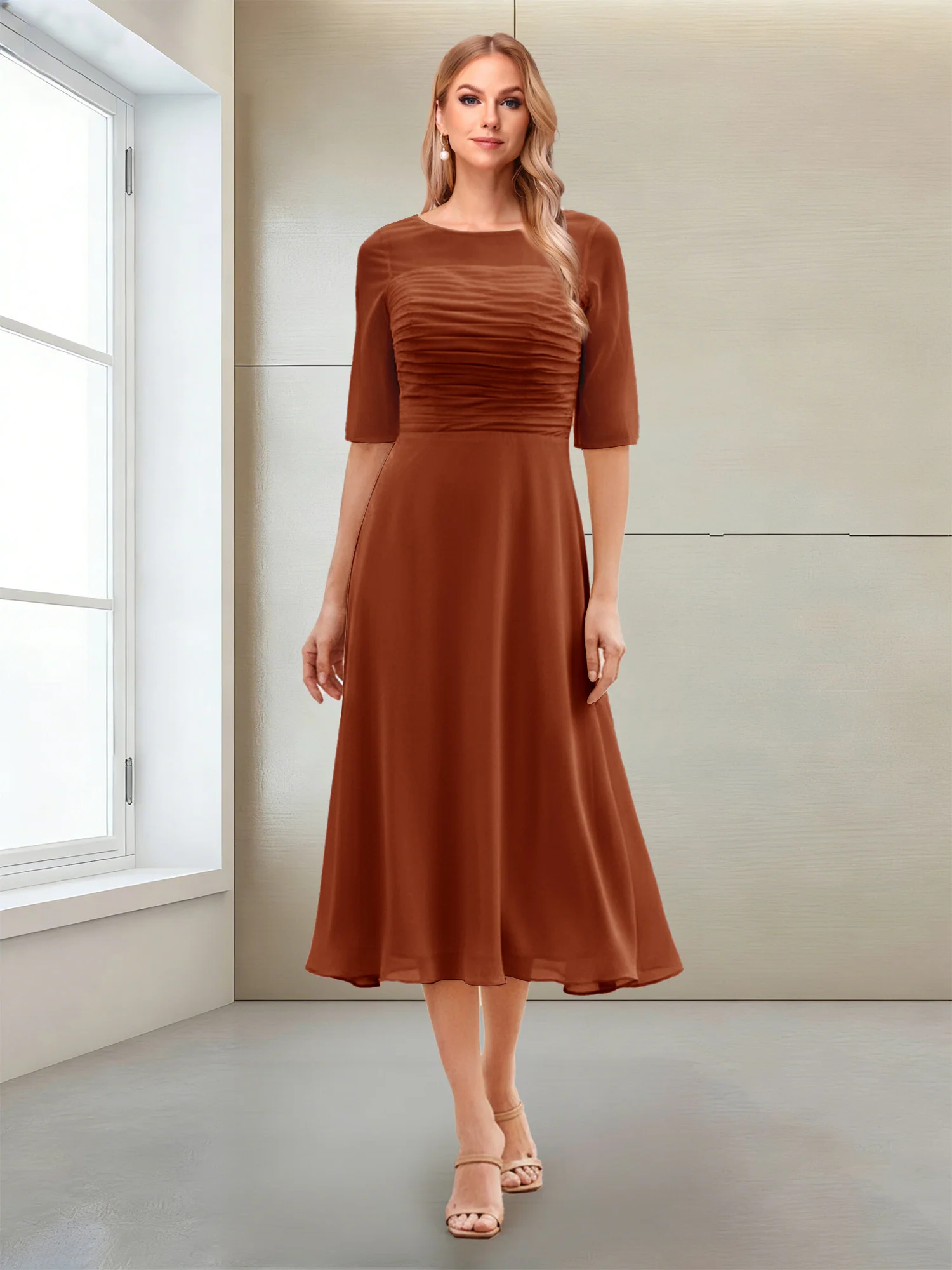 A-Line/Princess Scoop Half Sleeves Tea-Length Mother of the Bride Dresses with Ruched - Image 40