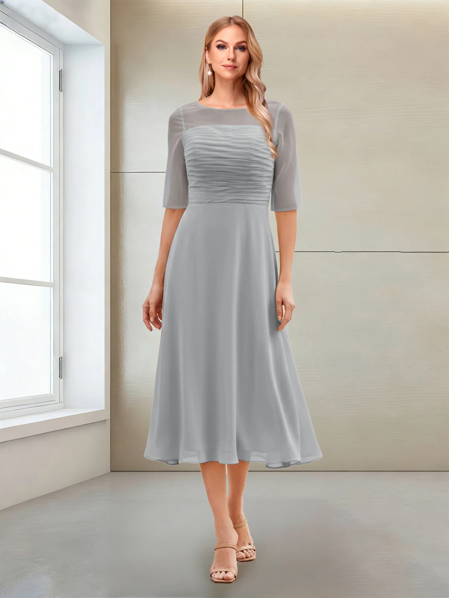 A-Line/Princess Scoop Half Sleeves Tea-Length Mother of the Bride Dresses with Ruched - Image 5