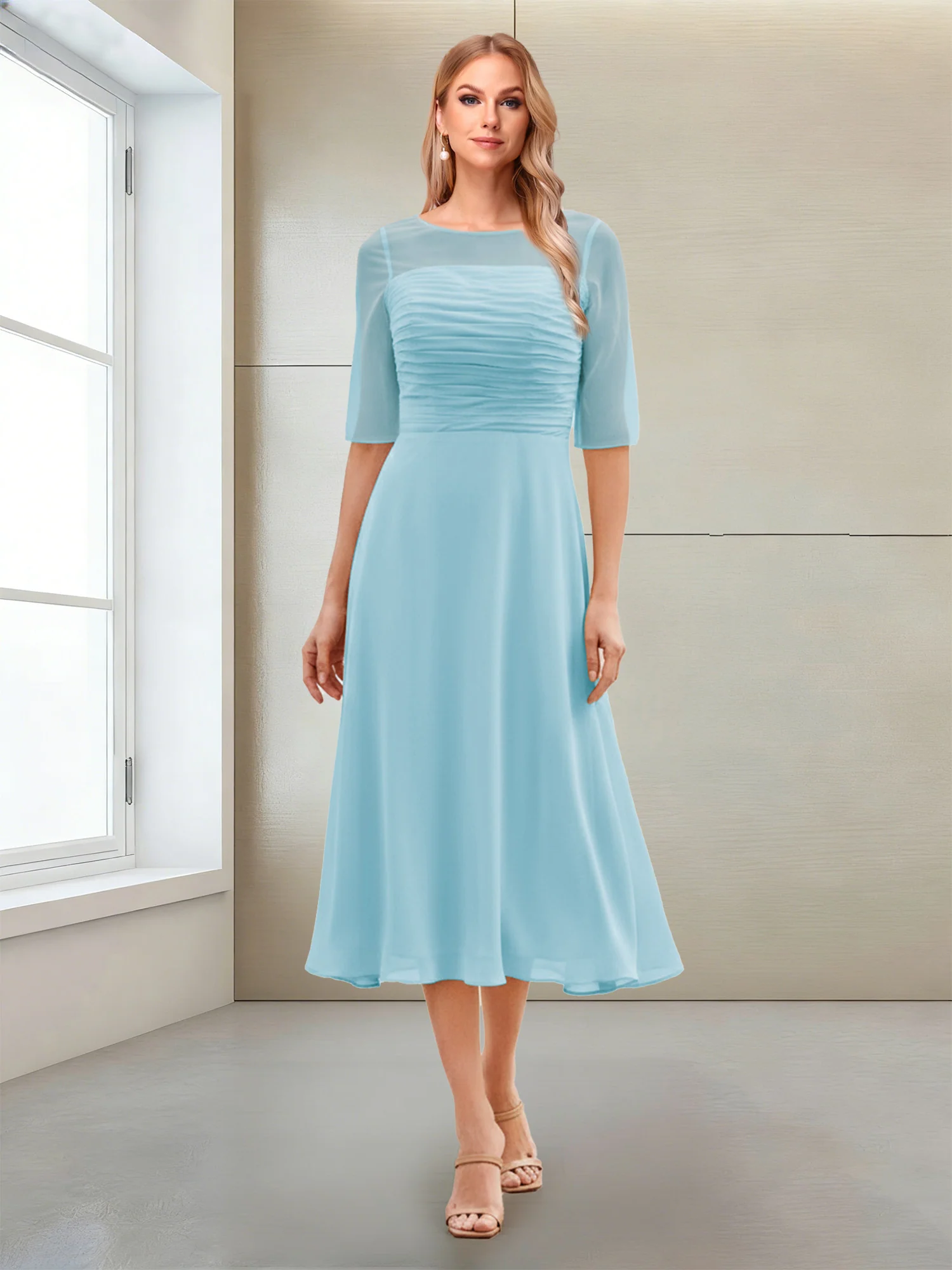 A-Line/Princess Scoop Half Sleeves Tea-Length Mother of the Bride Dresses with Ruched - Image 57