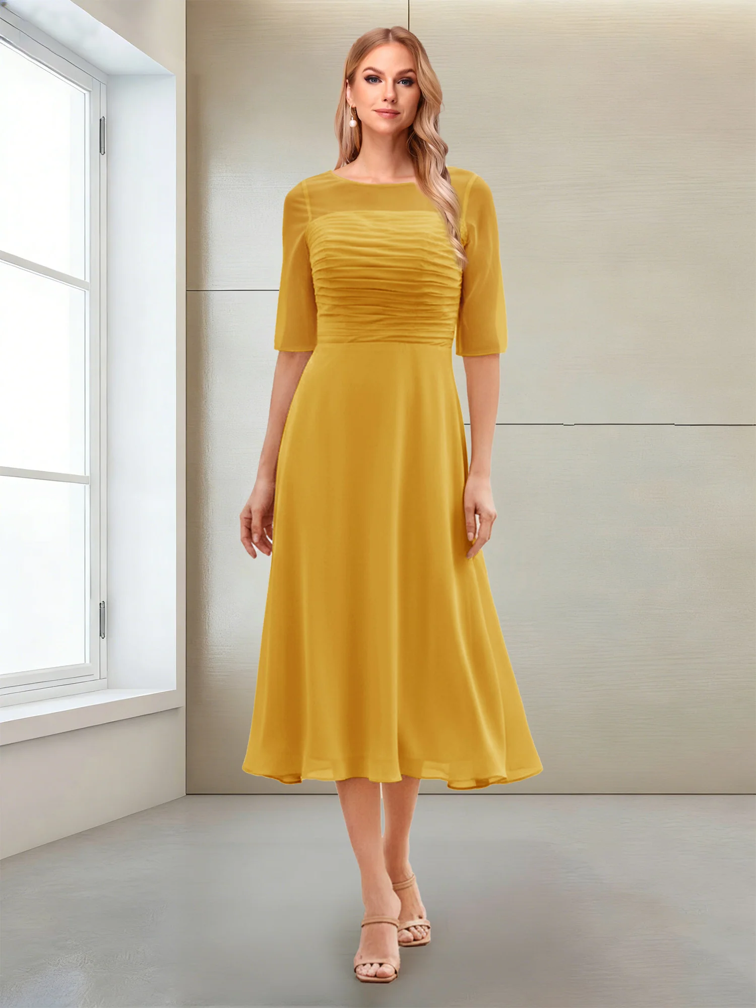 A-Line/Princess Scoop Half Sleeves Tea-Length Mother of the Bride Dresses with Ruched - Image 60