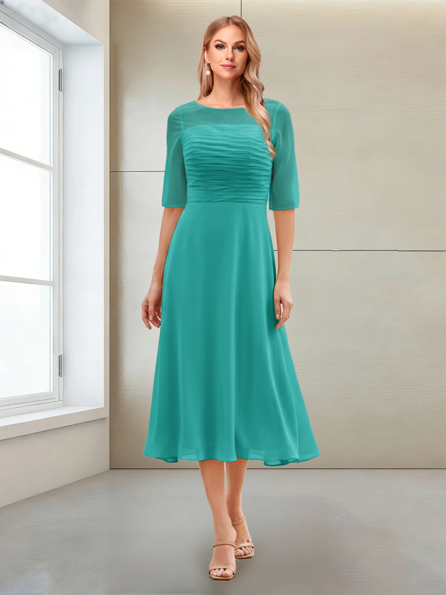 A-Line/Princess Scoop Half Sleeves Tea-Length Mother of the Bride Dresses with Ruched - Image 71