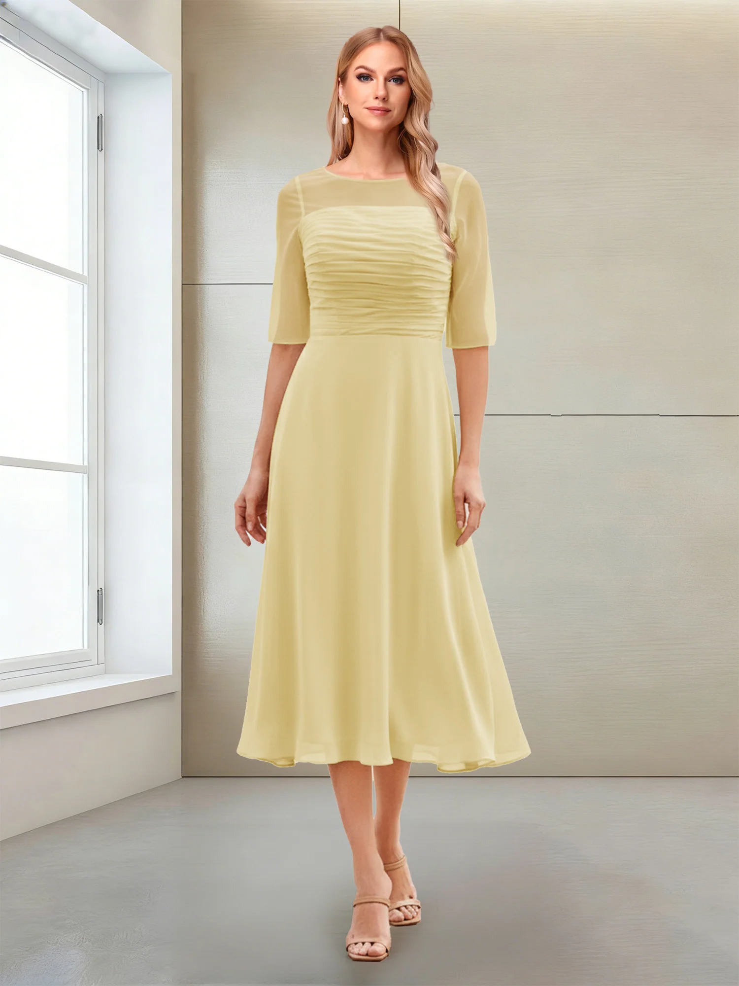 A-Line/Princess Scoop Half Sleeves Tea-Length Mother of the Bride Dresses with Ruched - Image 73