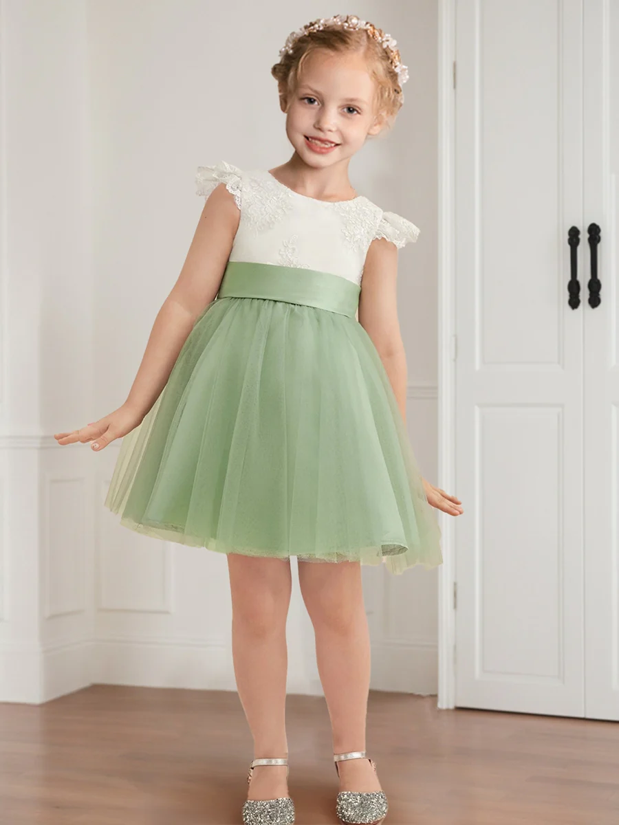 A-Line/Princess Scoop Knee-Length Short Sleeves Flower Girl Dresses With Bowknot - Image 4