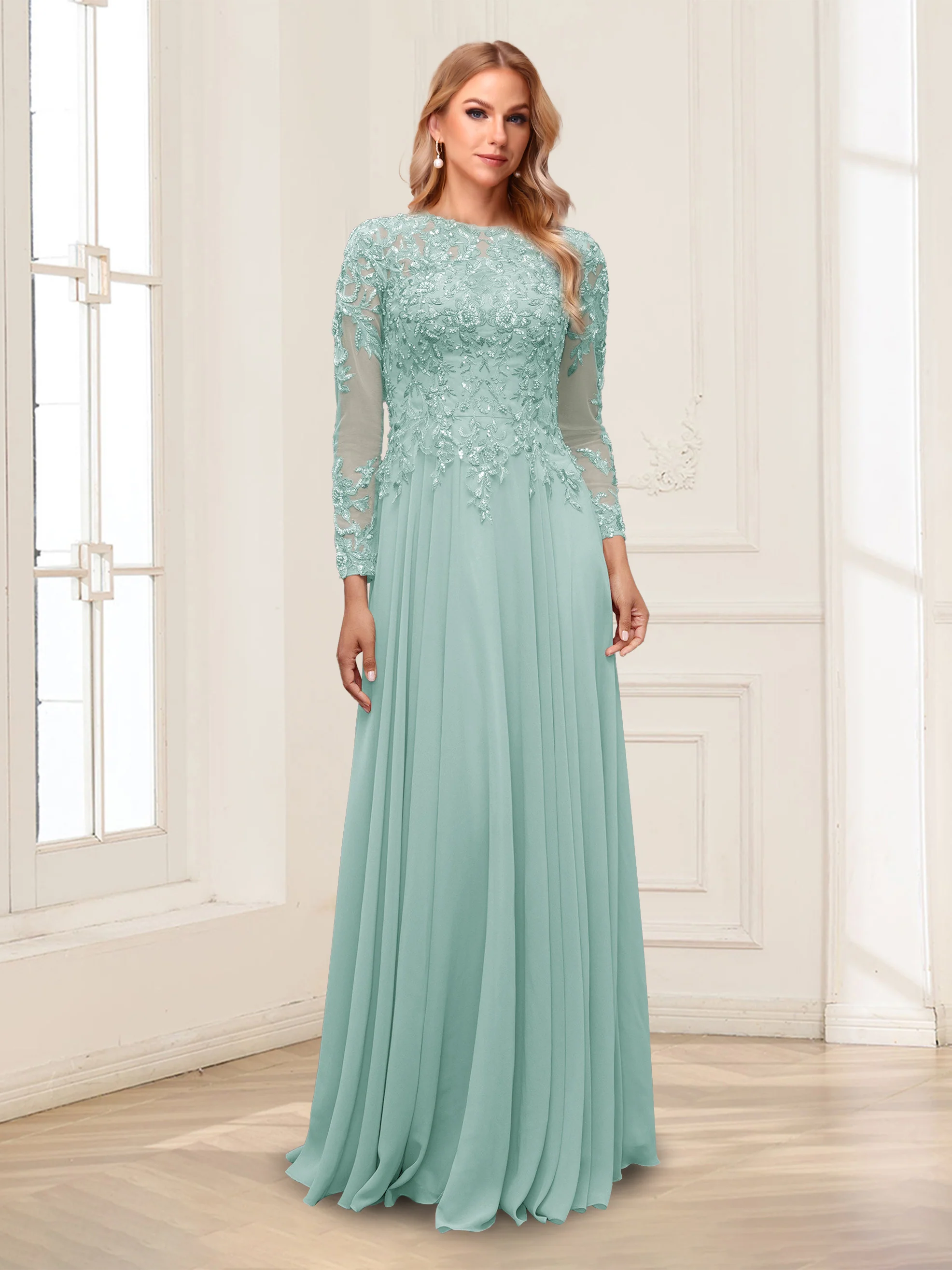A-Line/Princess Scoop Long Sleeves Floor-Length Mother of the Bride Dresses with Lace & Beading - Image 41