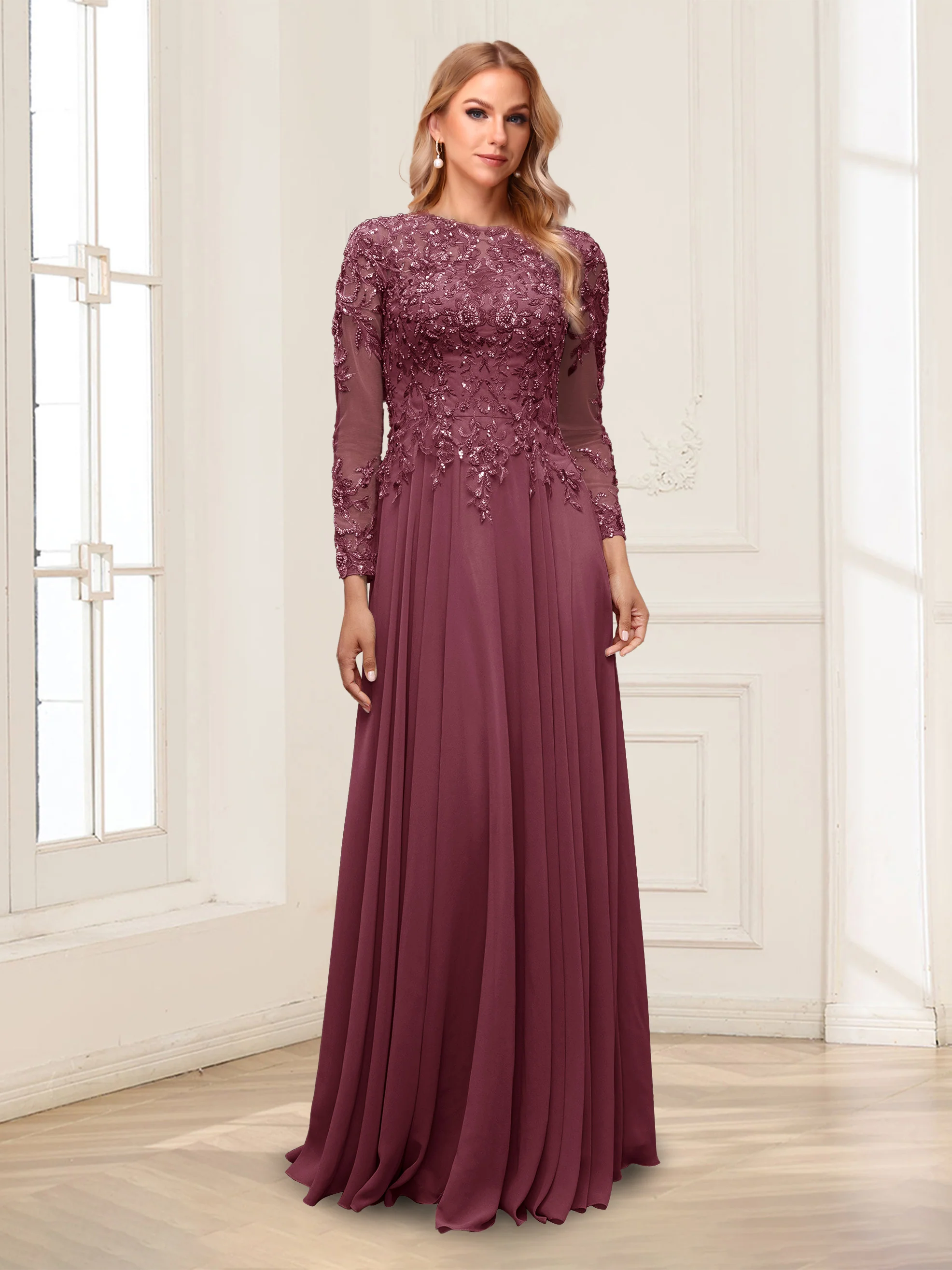 A-Line/Princess Scoop Long Sleeves Floor-Length Mother of the Bride Dresses with Lace & Beading - Image 42