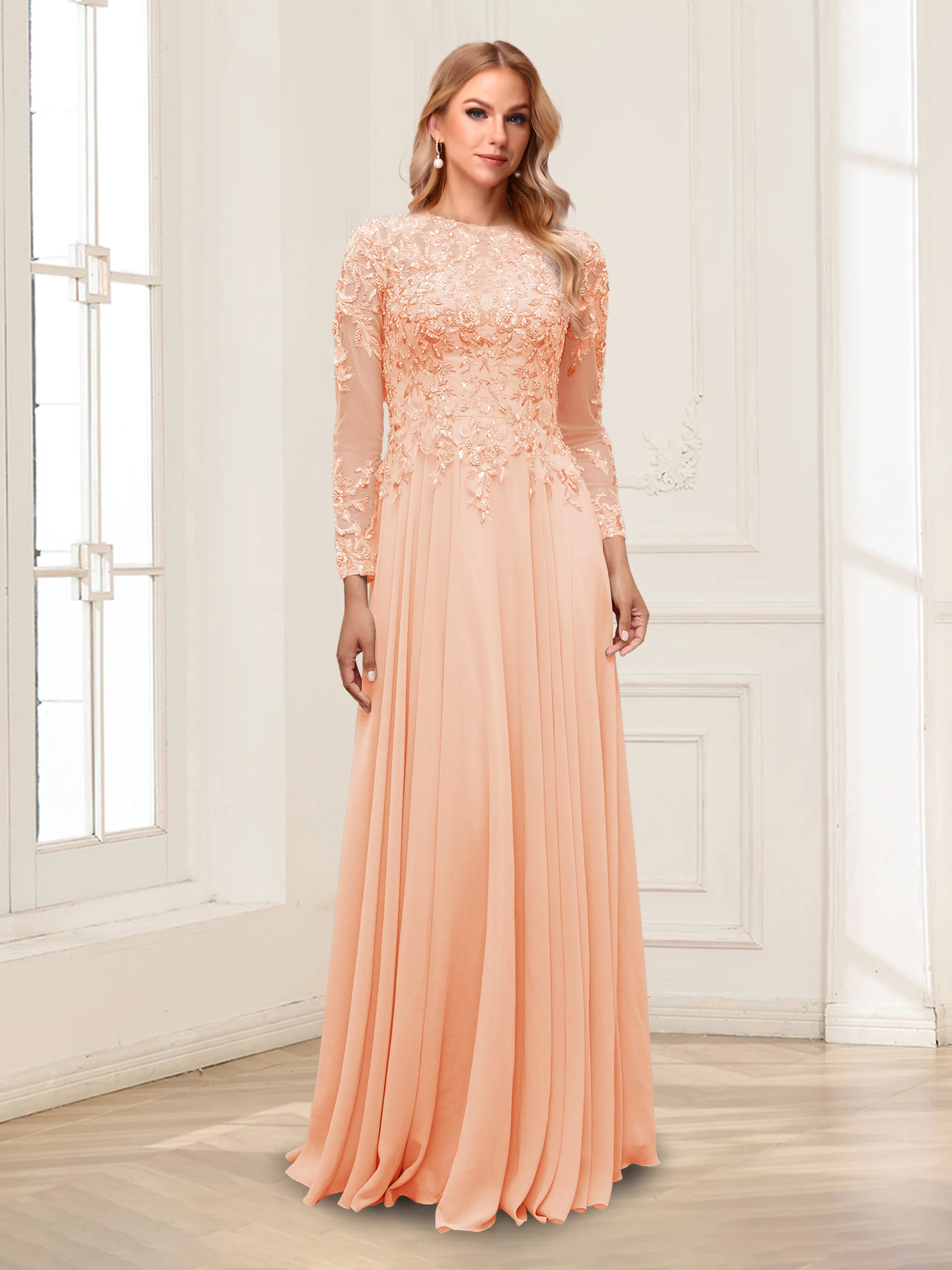 A-Line/Princess Scoop Long Sleeves Floor-Length Mother of the Bride Dresses with Lace & Beading - Image 50