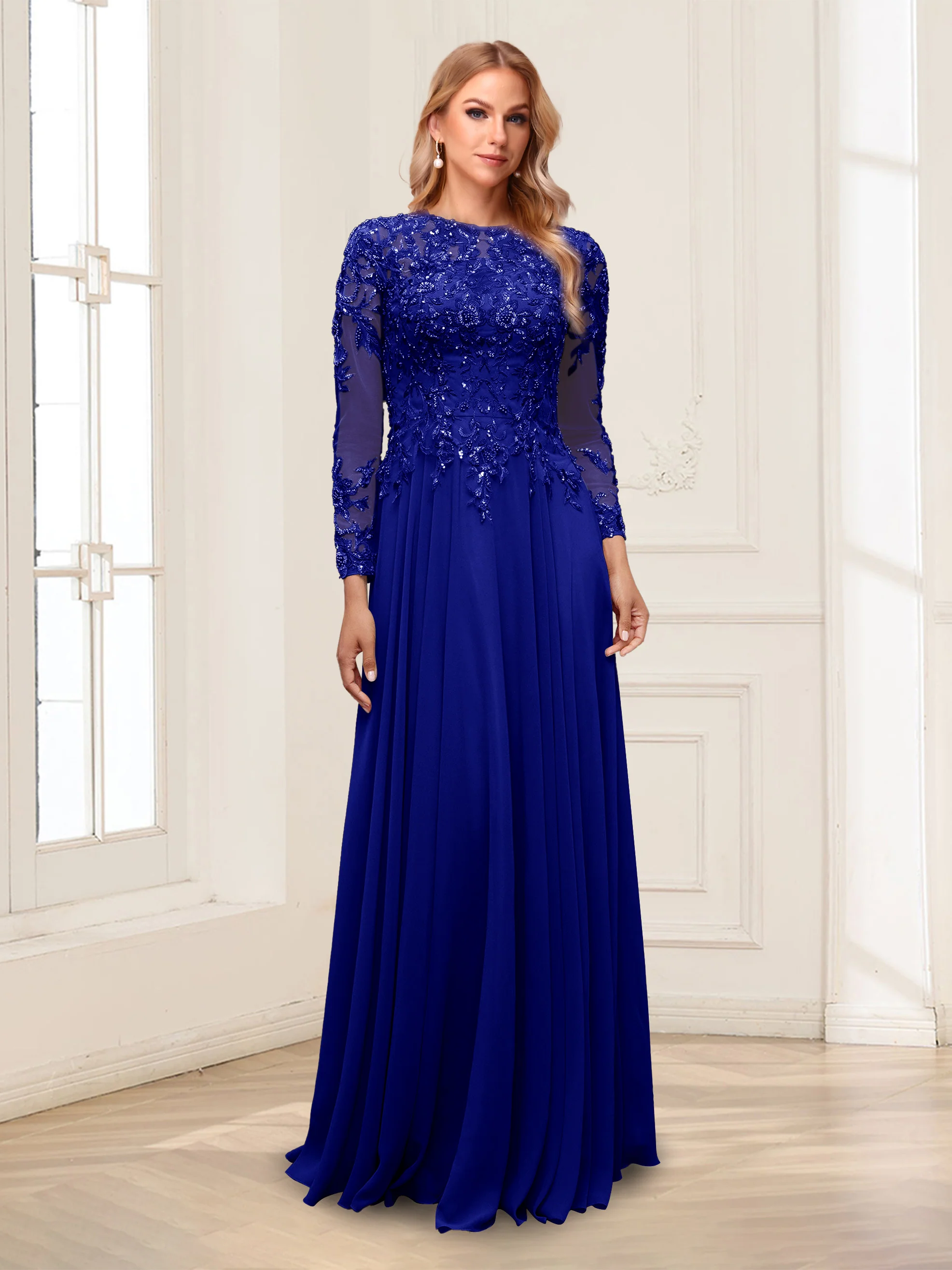 A-Line/Princess Scoop Long Sleeves Floor-Length Mother of the Bride Dresses with Lace & Beading - Image 57