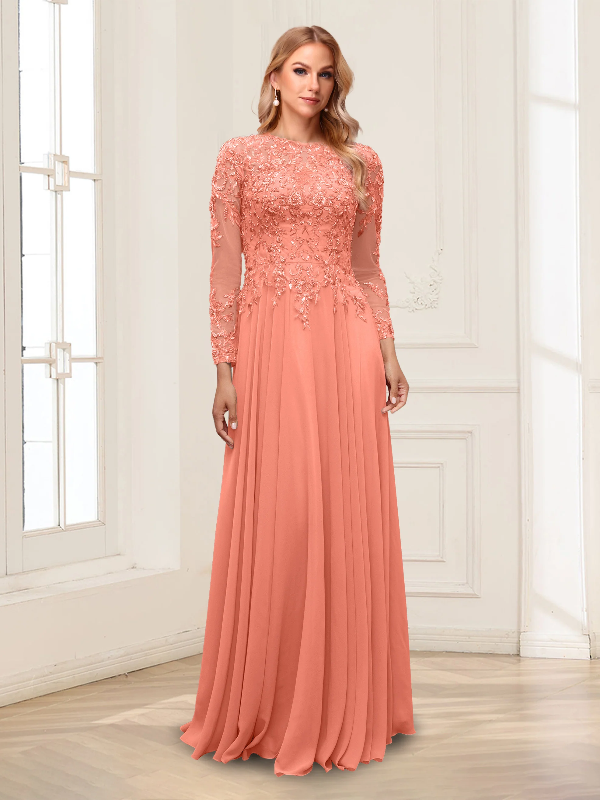 A-Line/Princess Scoop Long Sleeves Floor-Length Mother of the Bride Dresses with Lace & Beading - Image 60