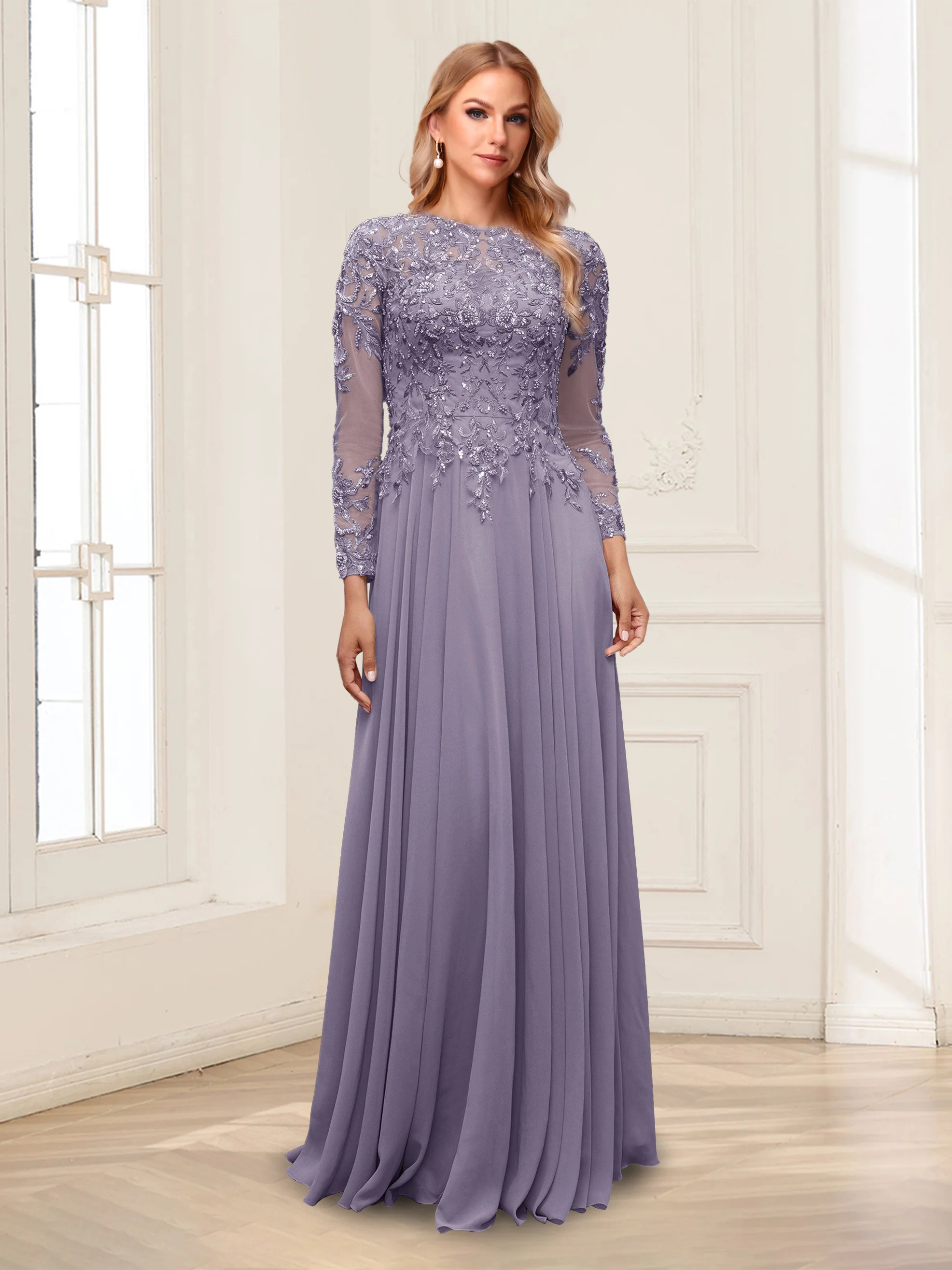 A-Line/Princess Scoop Long Sleeves Floor-Length Mother of the Bride Dresses with Lace & Beading - Image 72