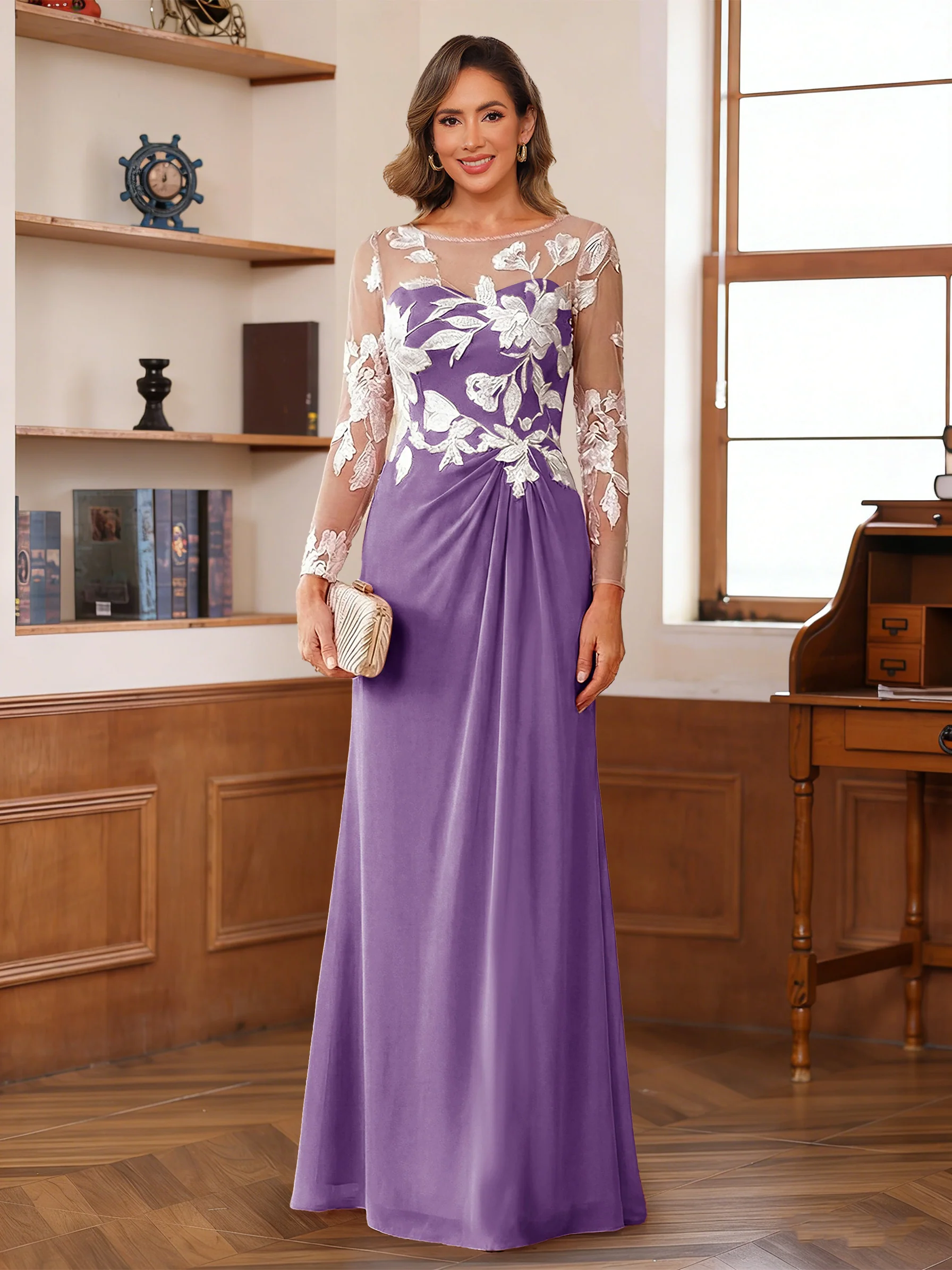 A-Line/Princess Scoop Long Sleeves Floor-Length Ruched Mother of the Bride Dresses With Appliques - Image 34