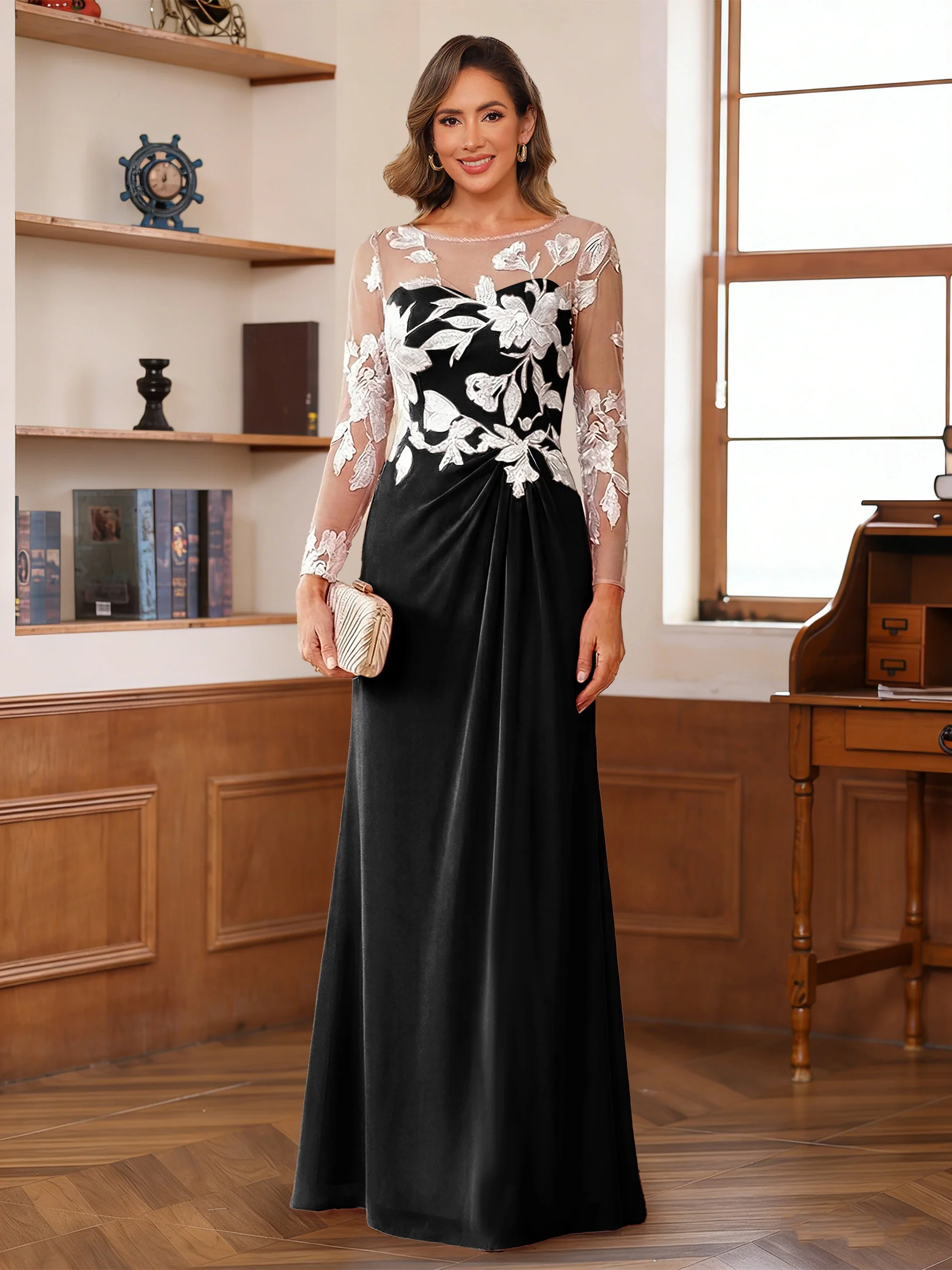 A-Line/Princess Scoop Long Sleeves Floor-Length Ruched Mother of the Bride Dresses With Appliques - Image 4