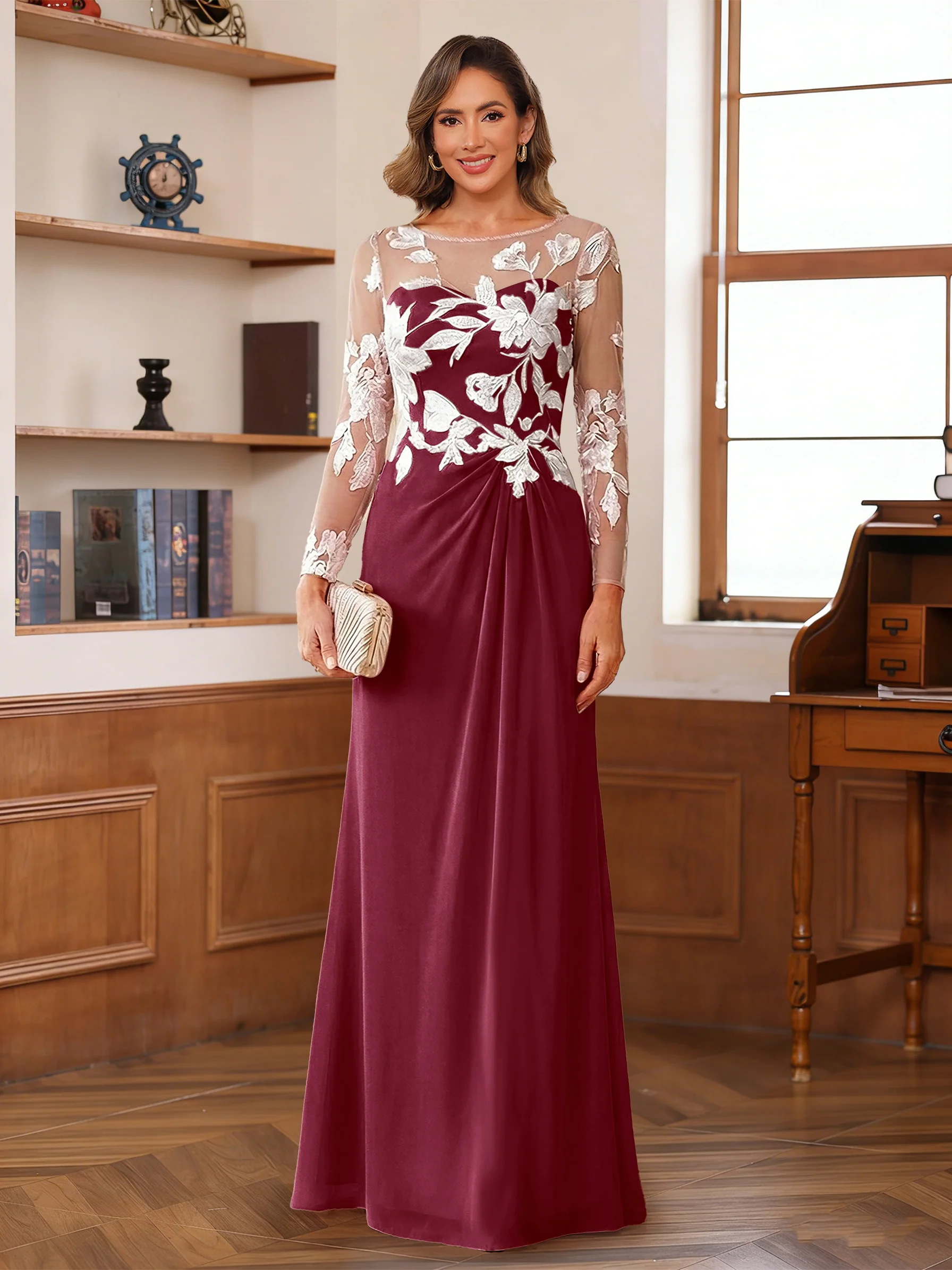A-Line/Princess Scoop Long Sleeves Floor-Length Ruched Mother of the Bride Dresses With Appliques - Image 41
