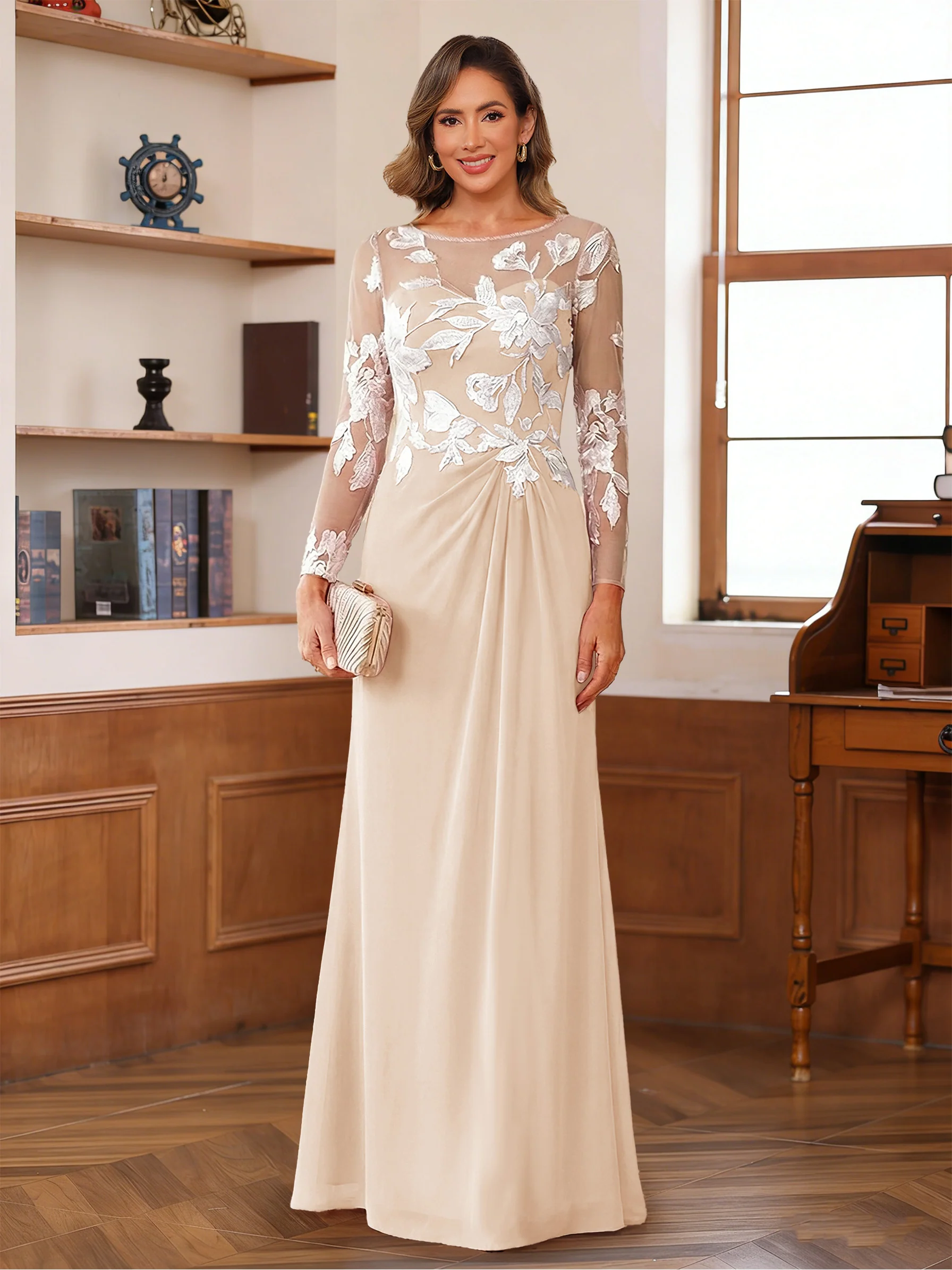 A-Line/Princess Scoop Long Sleeves Floor-Length Ruched Mother of the Bride Dresses With Appliques - Image 42