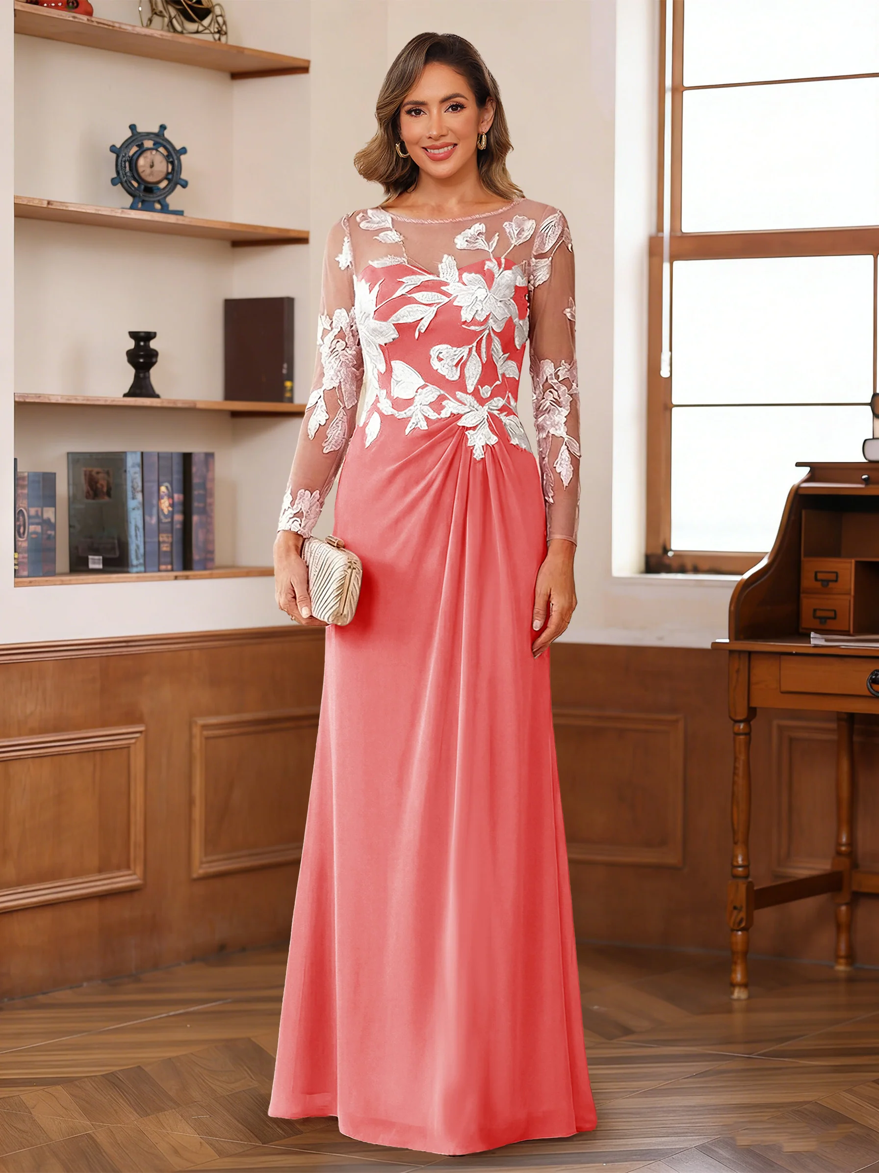 A-Line/Princess Scoop Long Sleeves Floor-Length Ruched Mother of the Bride Dresses With Appliques - Image 61