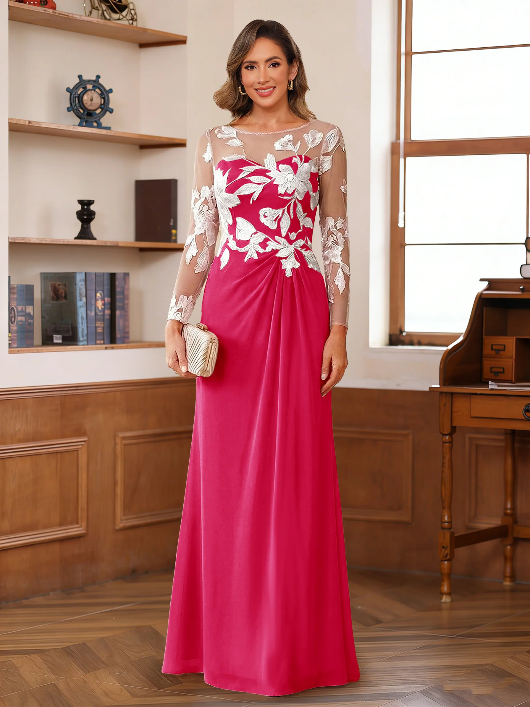 A-Line/Princess Scoop Long Sleeves Floor-Length Ruched Mother of the Bride Dresses With Appliques - Image 63