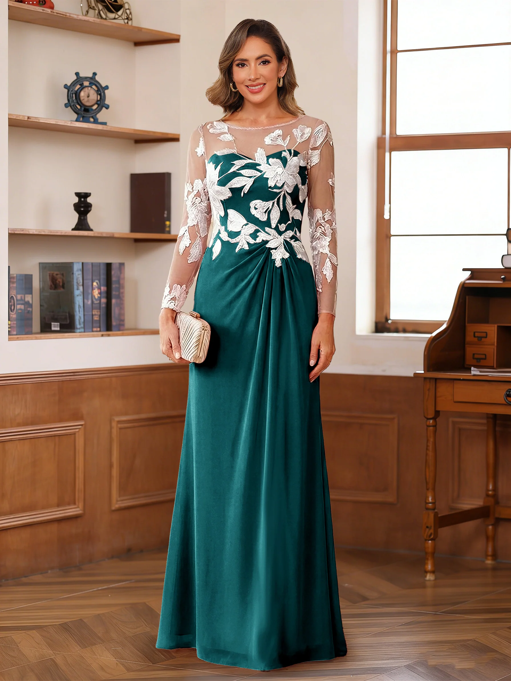 A-Line/Princess Scoop Long Sleeves Floor-Length Ruched Mother of the Bride Dresses With Appliques - Image 68