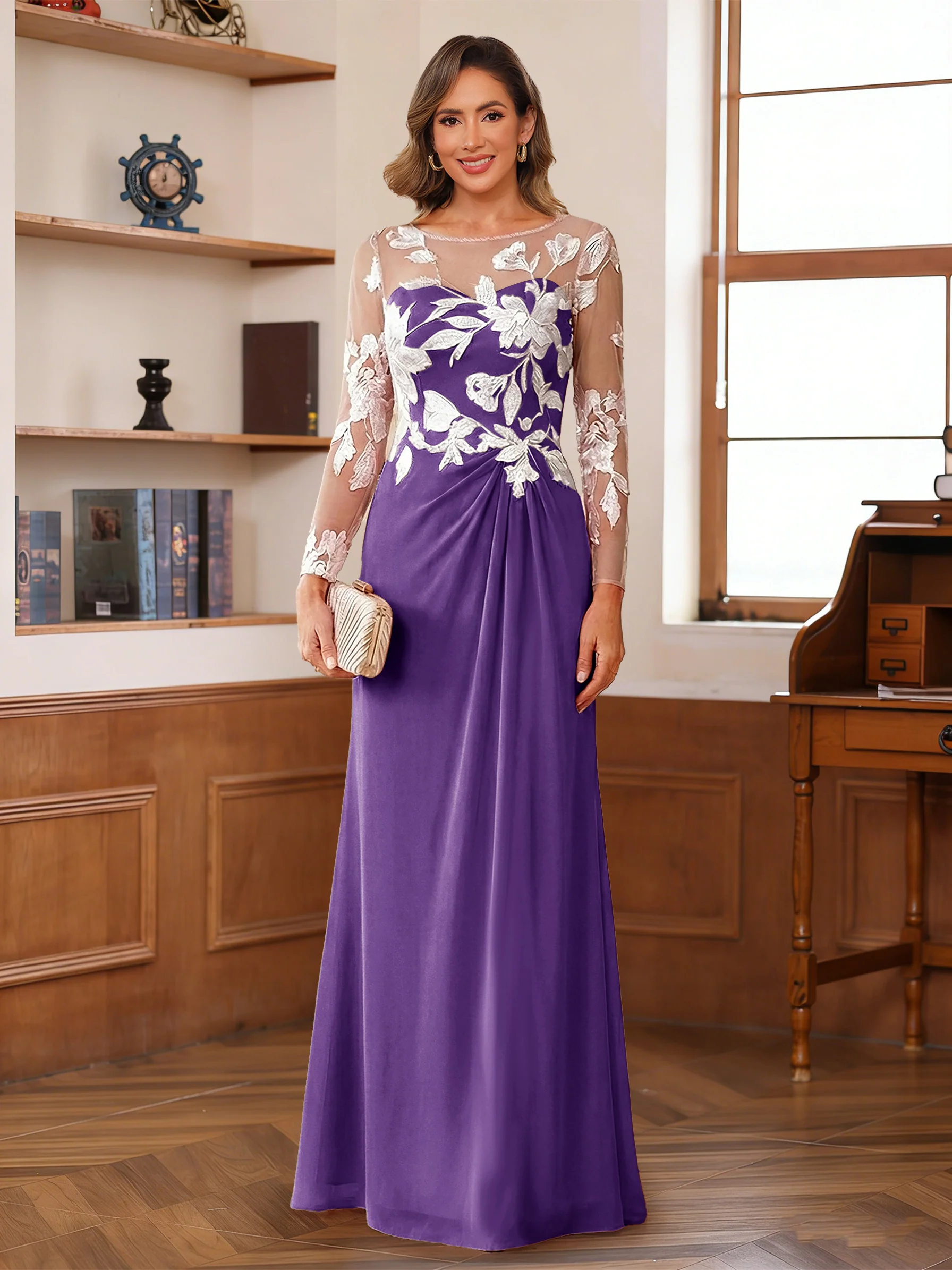 A-Line/Princess Scoop Long Sleeves Floor-Length Ruched Mother of the Bride Dresses With Appliques - Image 69