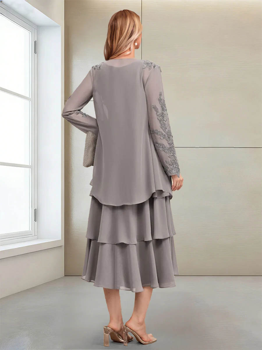 A-Line/Princess Scoop Long Sleeves Mother of the Bride Dresses with Appliques & Ruffles - Image 2