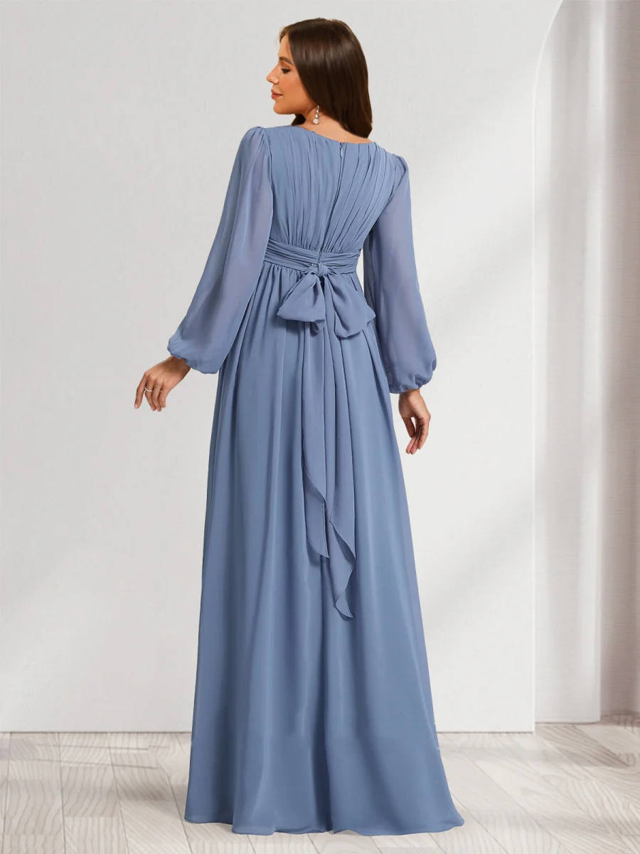 A-Line/Princess Scoop Long Sleeves Ruched Floor-Length Baby Shower Bridesmaid Dresses with Bow - Image 2