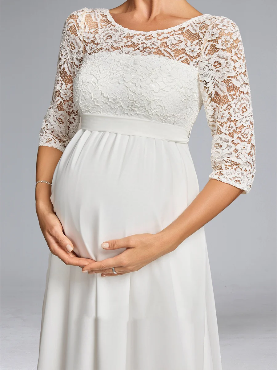 A-Line/Princess Scoop Neck Floor-Length Chiffon Baby Shower Wedding Dresses with Lace - Image 4