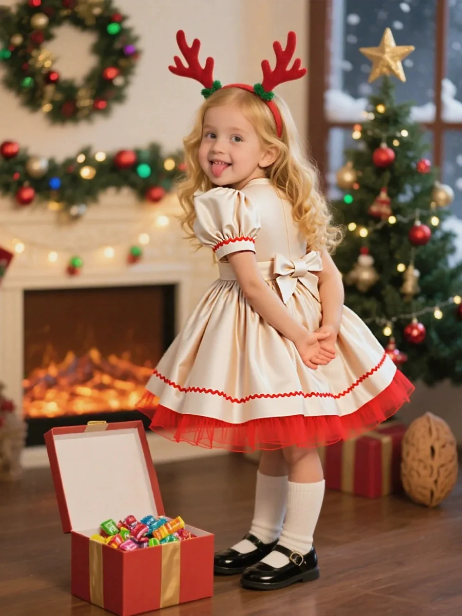 A-Line/Princess Scoop Puff Sleeves Christmas Dresses for Girls WIth Embroidery - Image 2