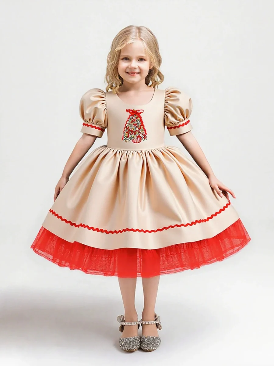 A-Line/Princess Scoop Puff Sleeves Christmas Dresses for Girls WIth Embroidery - Image 3