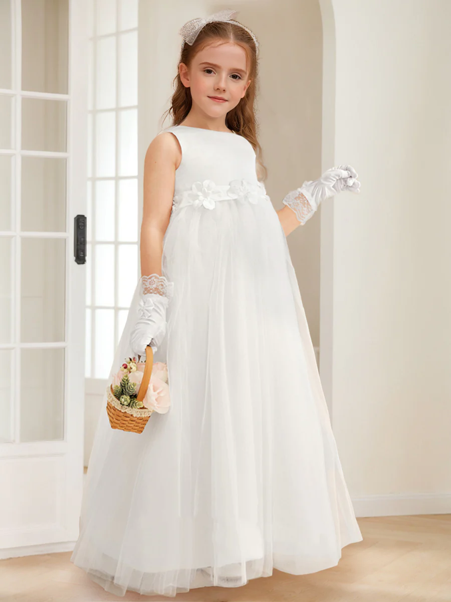 A-Line/Princess Scoop Satin Tulle Flower Girl Dresses with Flowers - Image 2