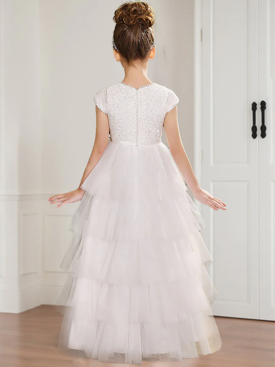 A-Line/Princess Scoop Sequin Tulle Flower Girl Dresses with Ruffles - Image 2