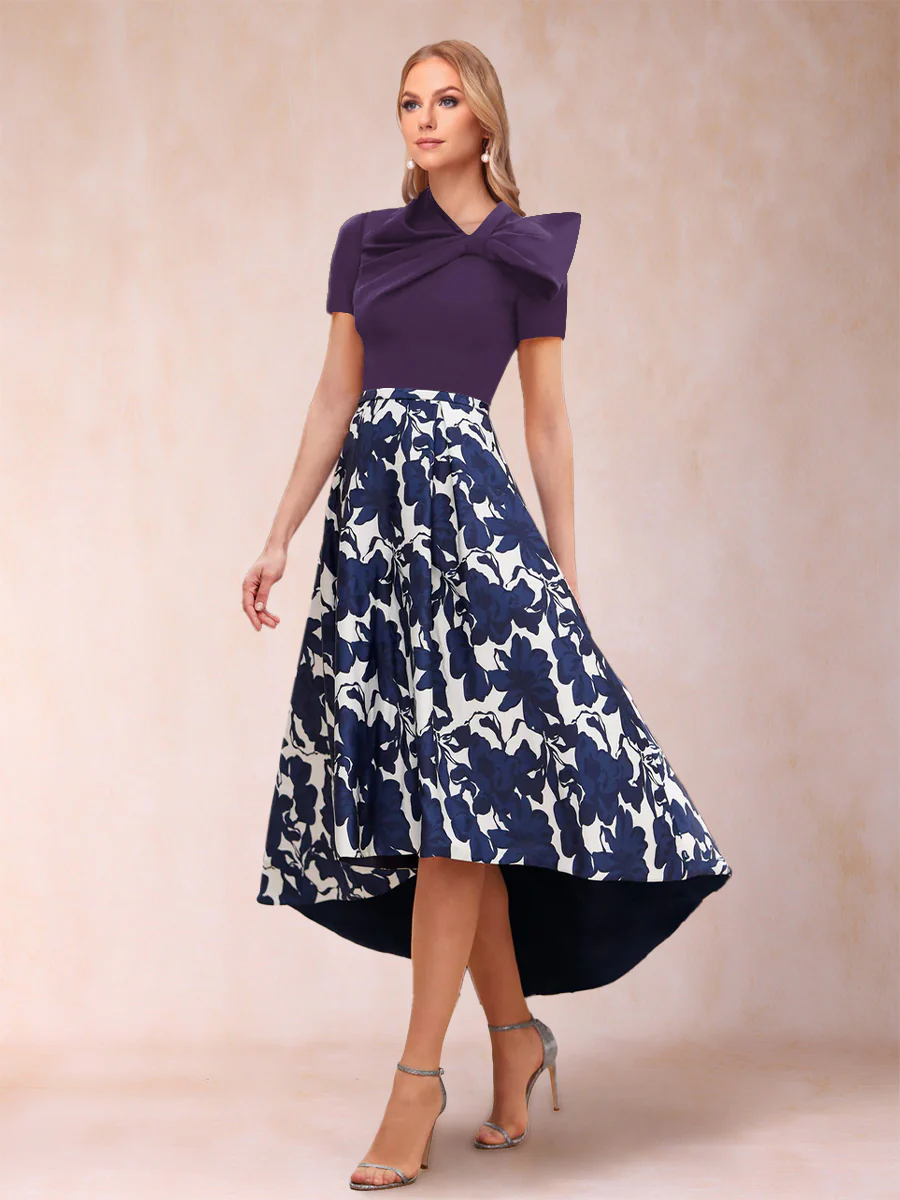 A-Line/Princess Scoop Short Sleeves Asymmetrical Mother of the Bride Dresses With Printed Flower - Image 14