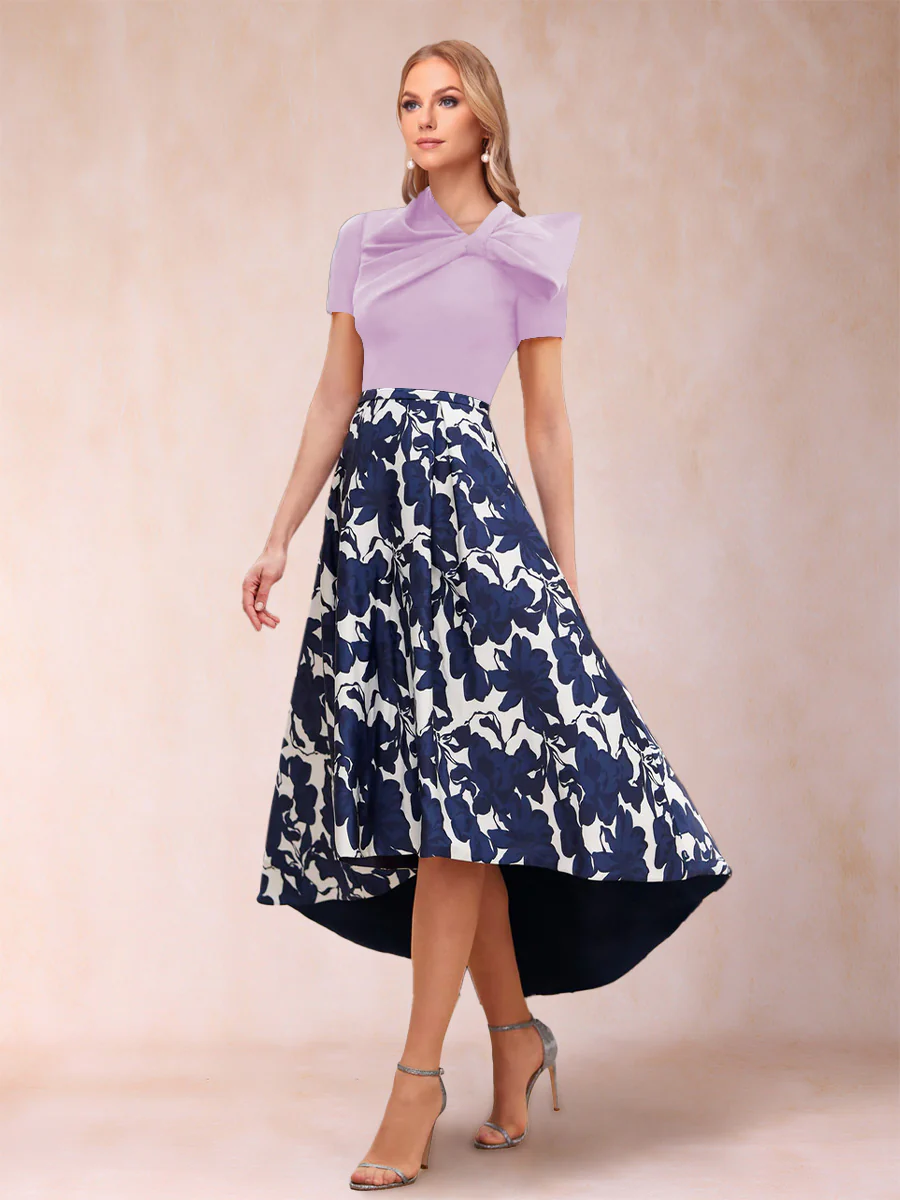 A-Line/Princess Scoop Short Sleeves Asymmetrical Mother of the Bride Dresses With Printed Flower - Image 24