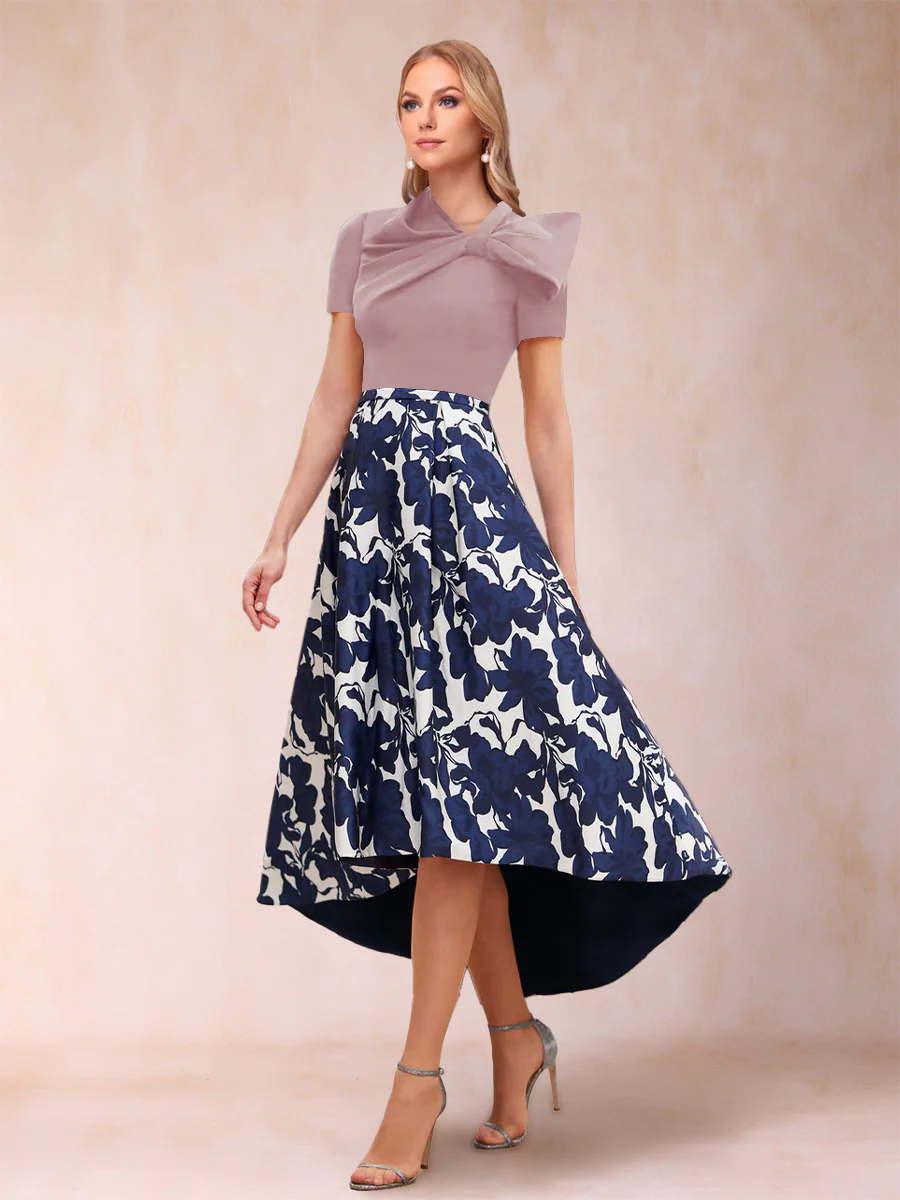 A-Line/Princess Scoop Short Sleeves Asymmetrical Mother of the Bride Dresses With Printed Flower - Image 25